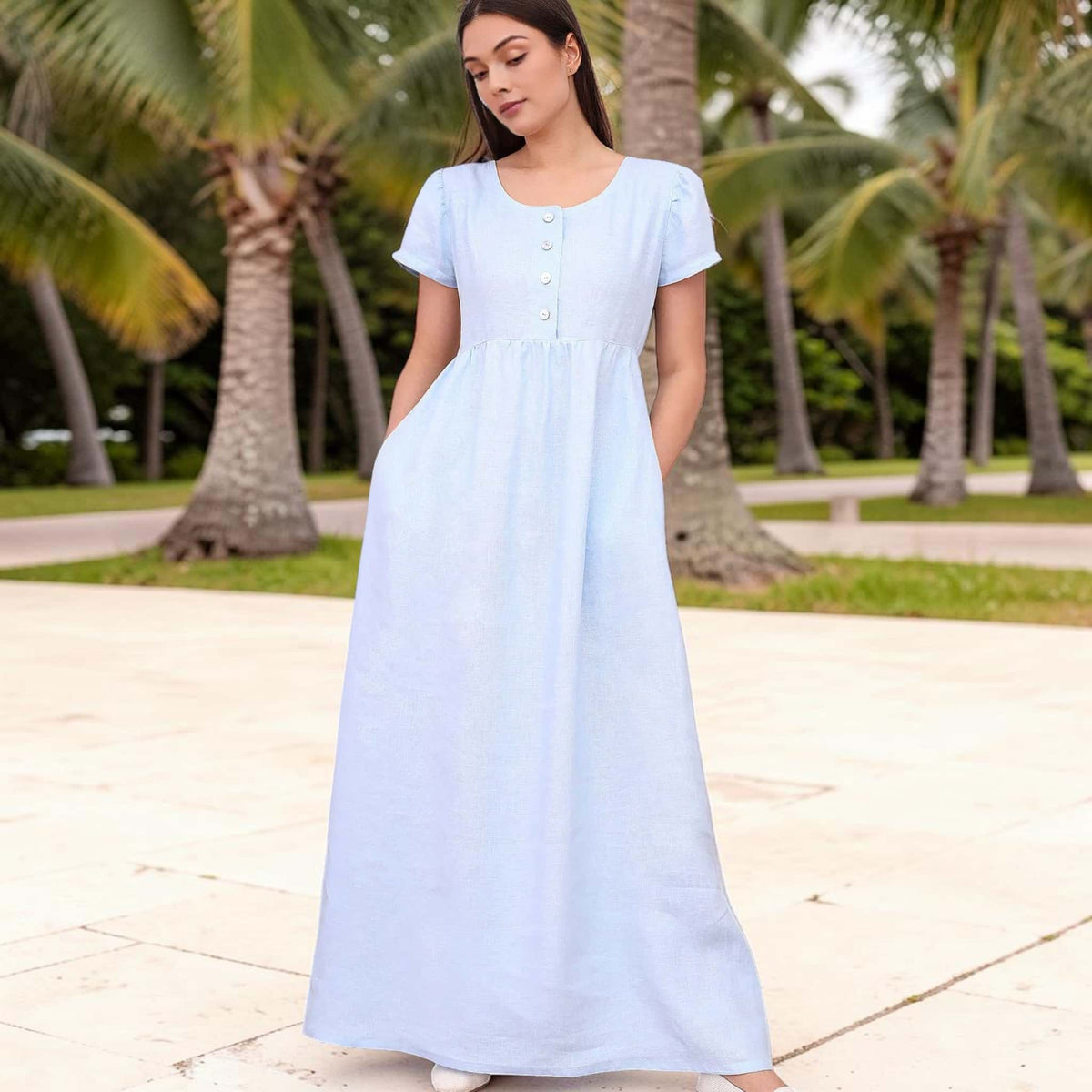 Empire Waist Linen Maxi Dress, Short Puff Sleeves