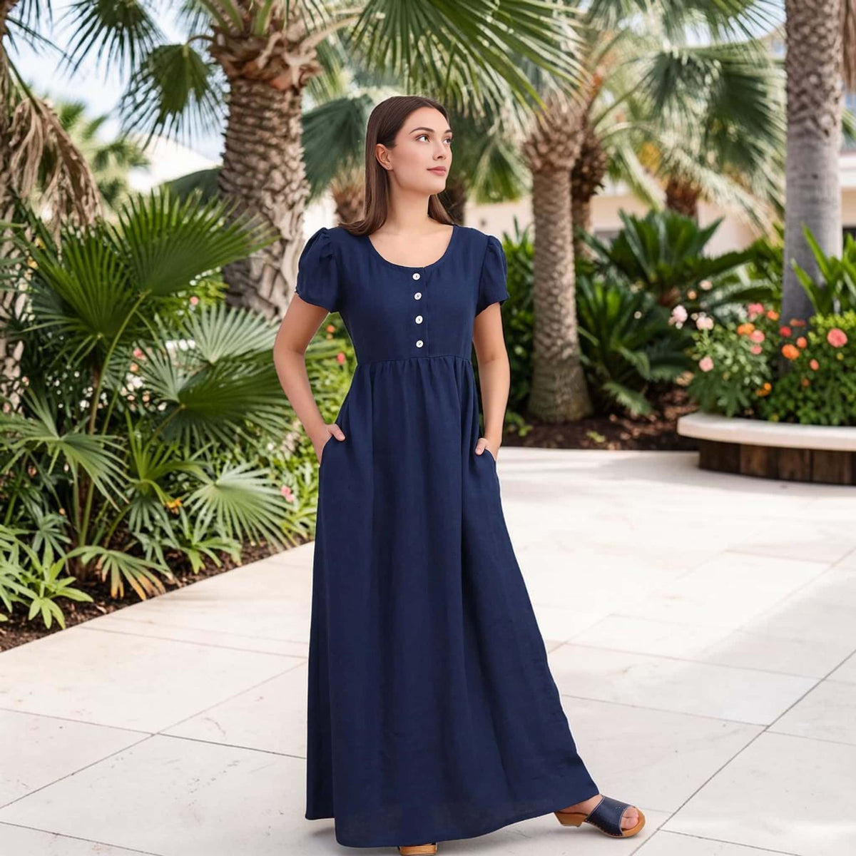 Empire Waist Linen Maxi Dress, Short Puff Sleeves