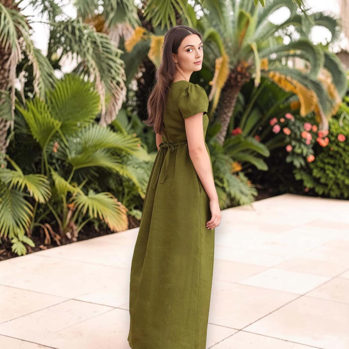 Empire Waist Linen Maxi Dress, Short Puff Sleeves