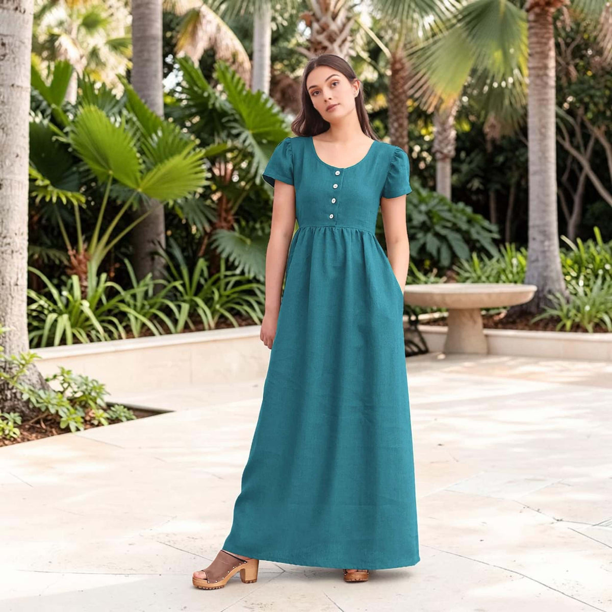 Empire Waist Linen Maxi Dress, Short Puff Sleeves