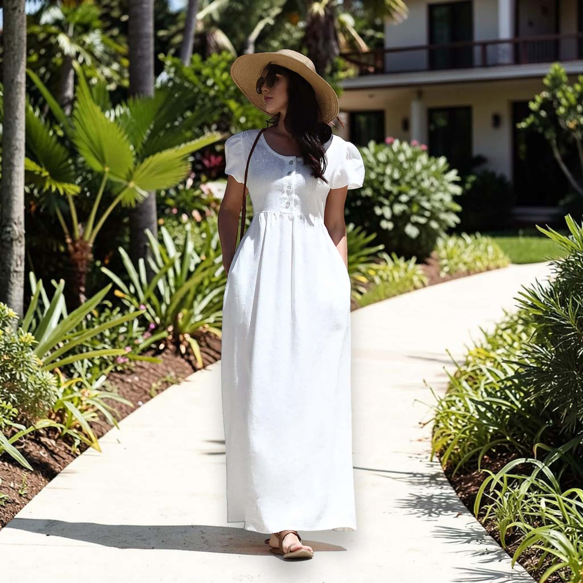 Empire Waist Linen Maxi Dress, Short Puff Sleeves