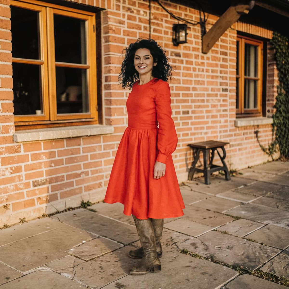 Fit and Flare Linen Midi Dress, Long-Sleeve