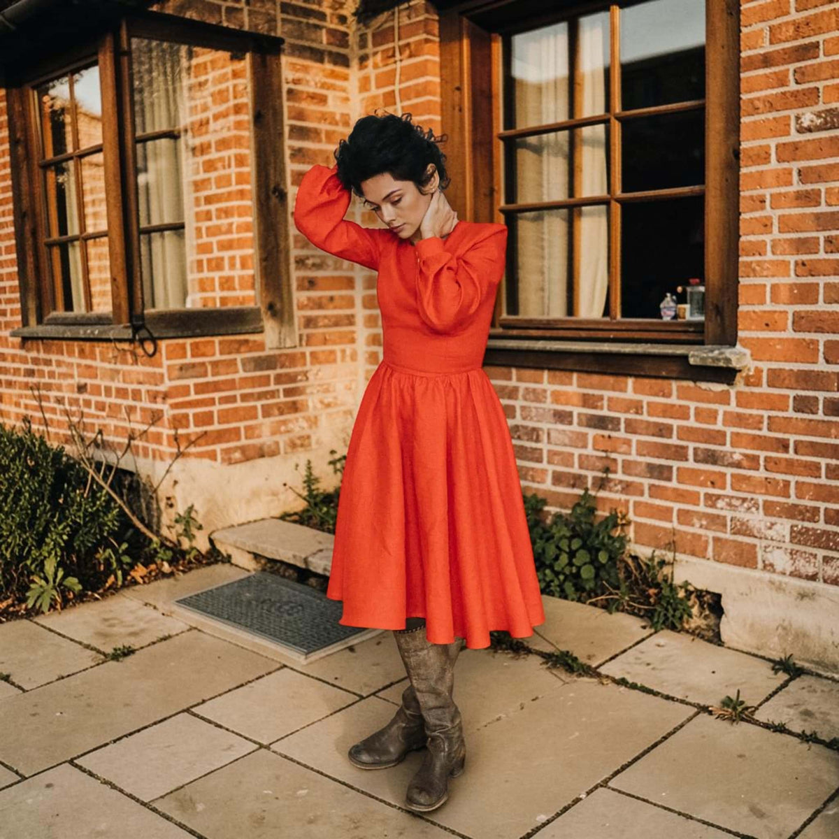 Fit and Flare Linen Midi Dress, Long-Sleeve