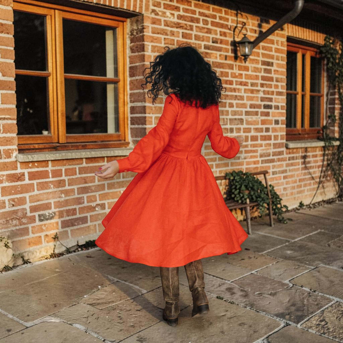Fit and Flare Linen Midi Dress, Long-Sleeve