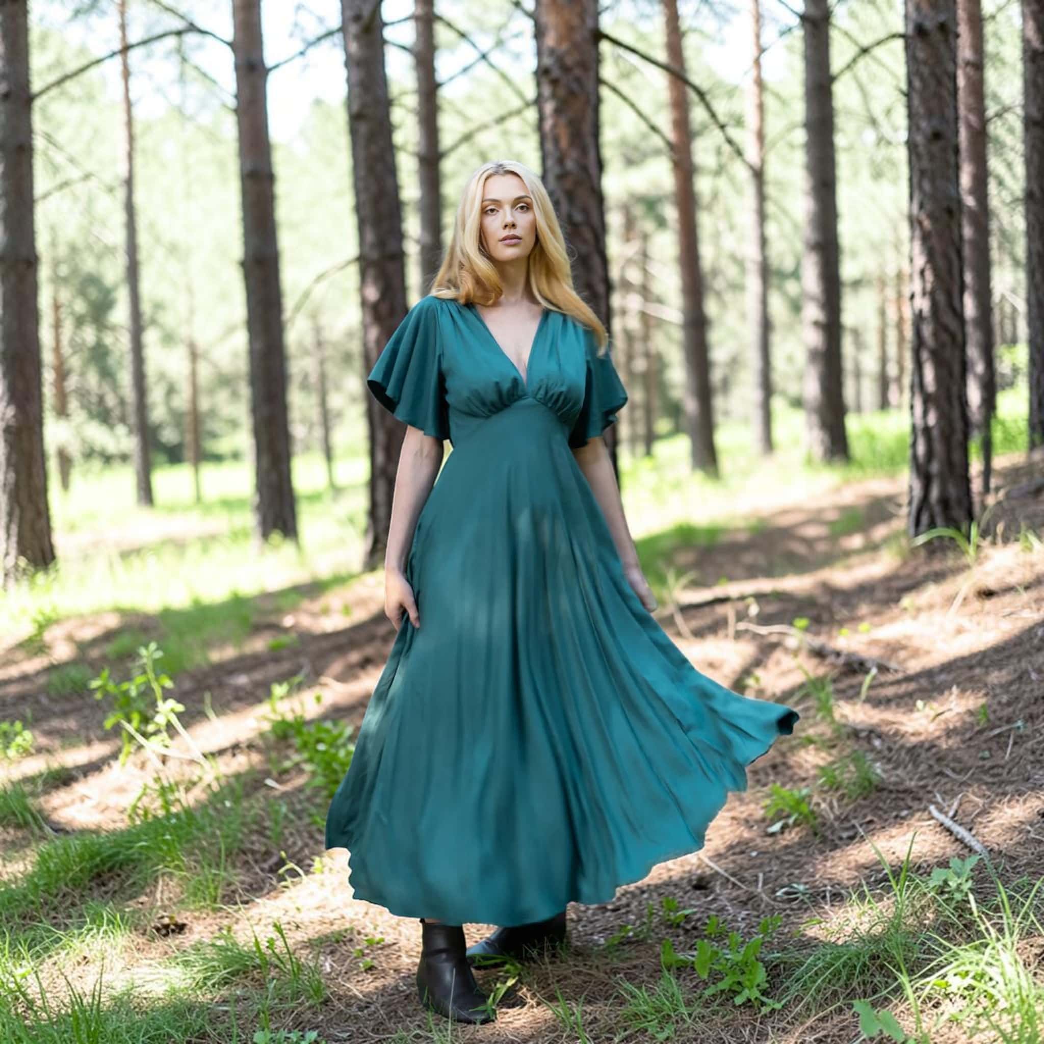 Flutter Sleeve Linen Maxi Dress, V Neck Tie Back