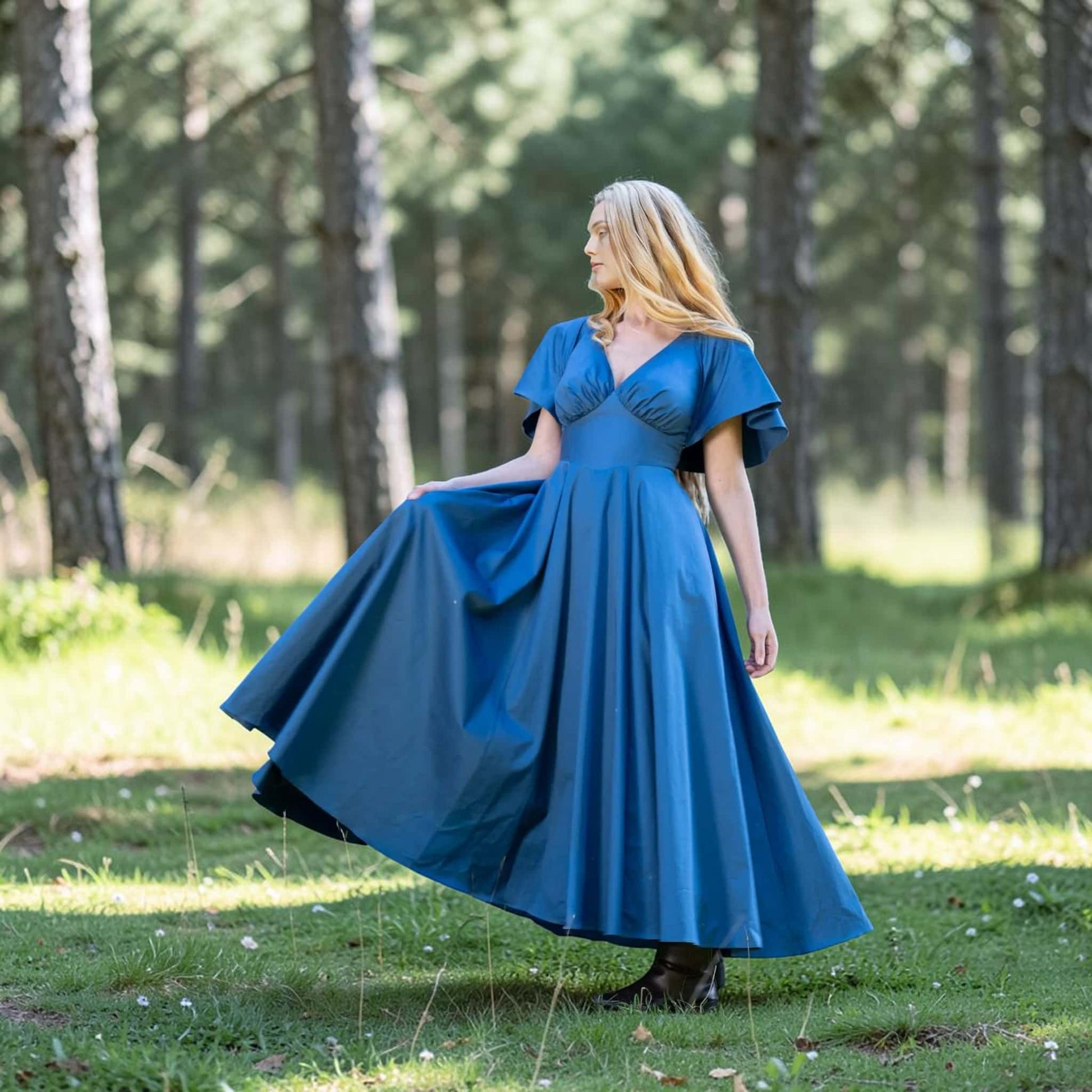 Flutter Sleeve Linen Maxi Dress, V Neck Tie Back