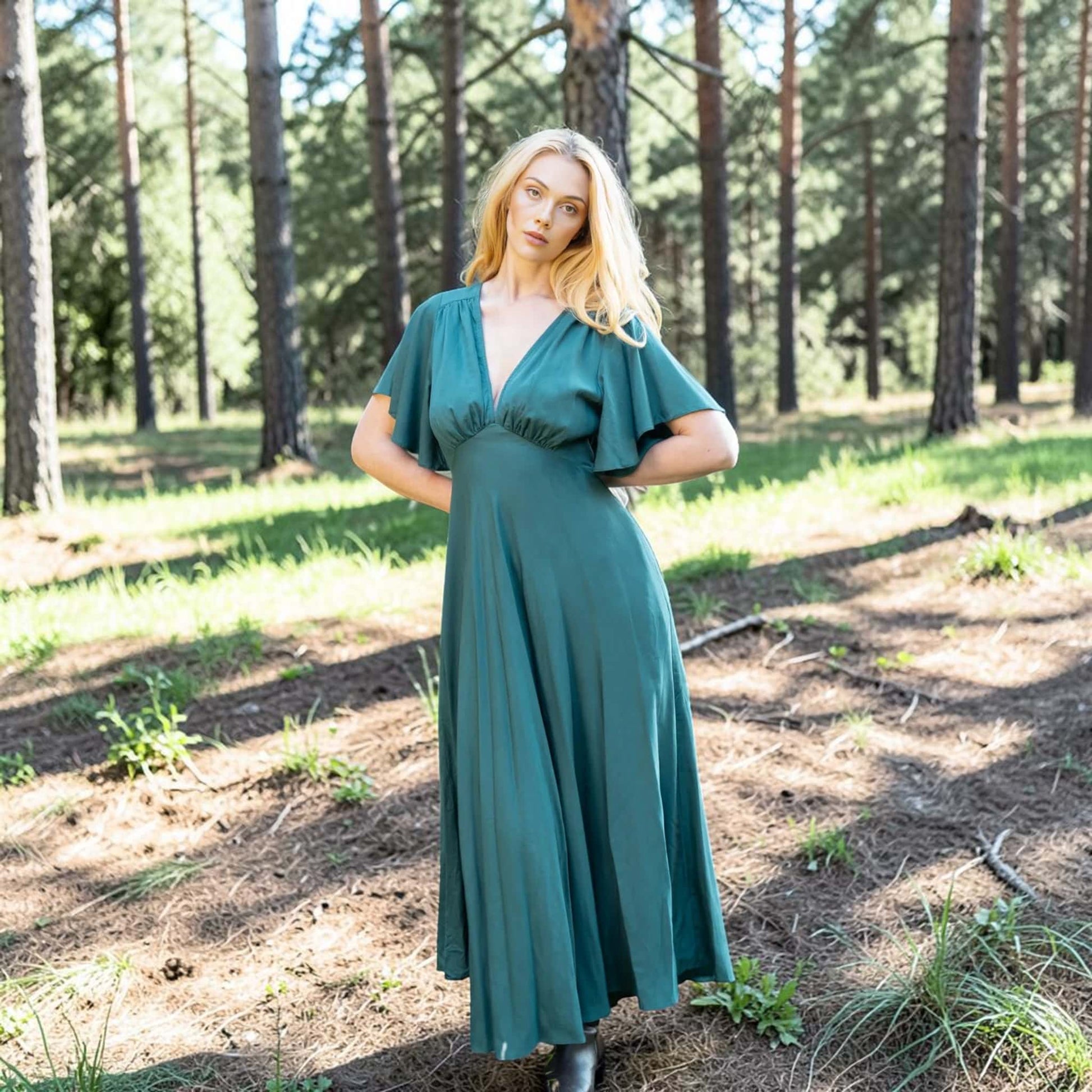 Flutter Sleeve Linen Maxi Dress, V Neck Tie Back