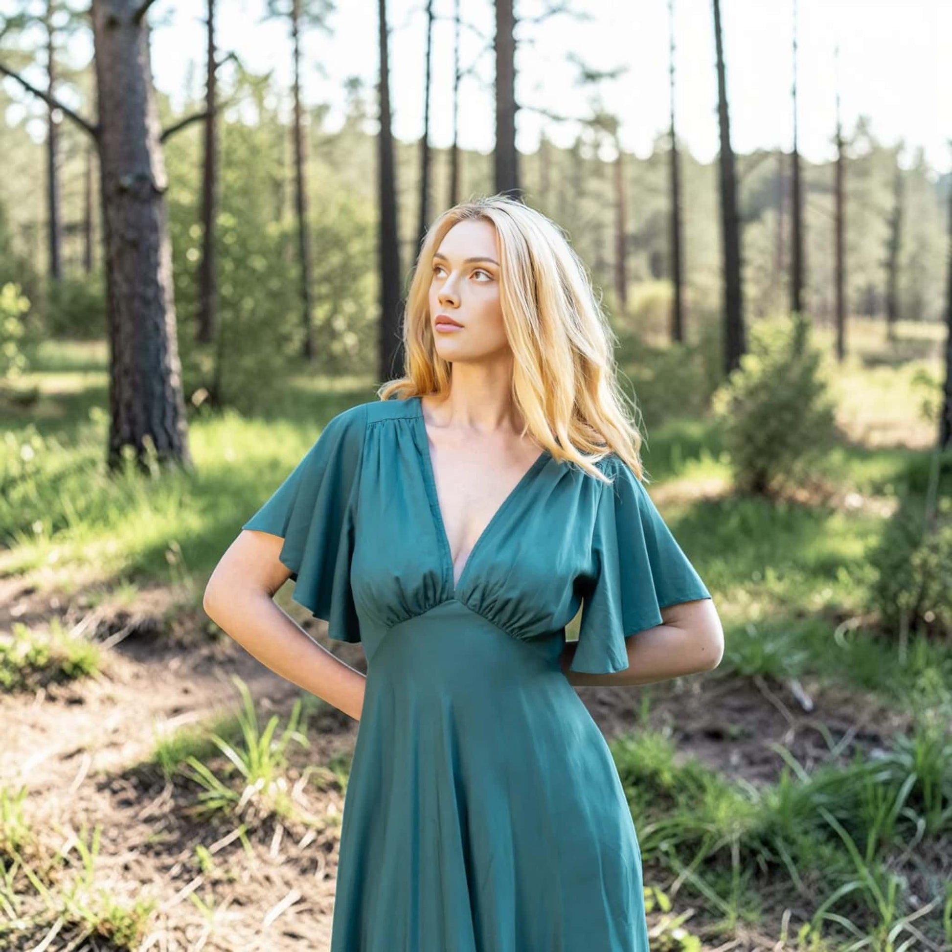 Flutter Sleeve Linen Maxi Dress, V Neck Tie Back