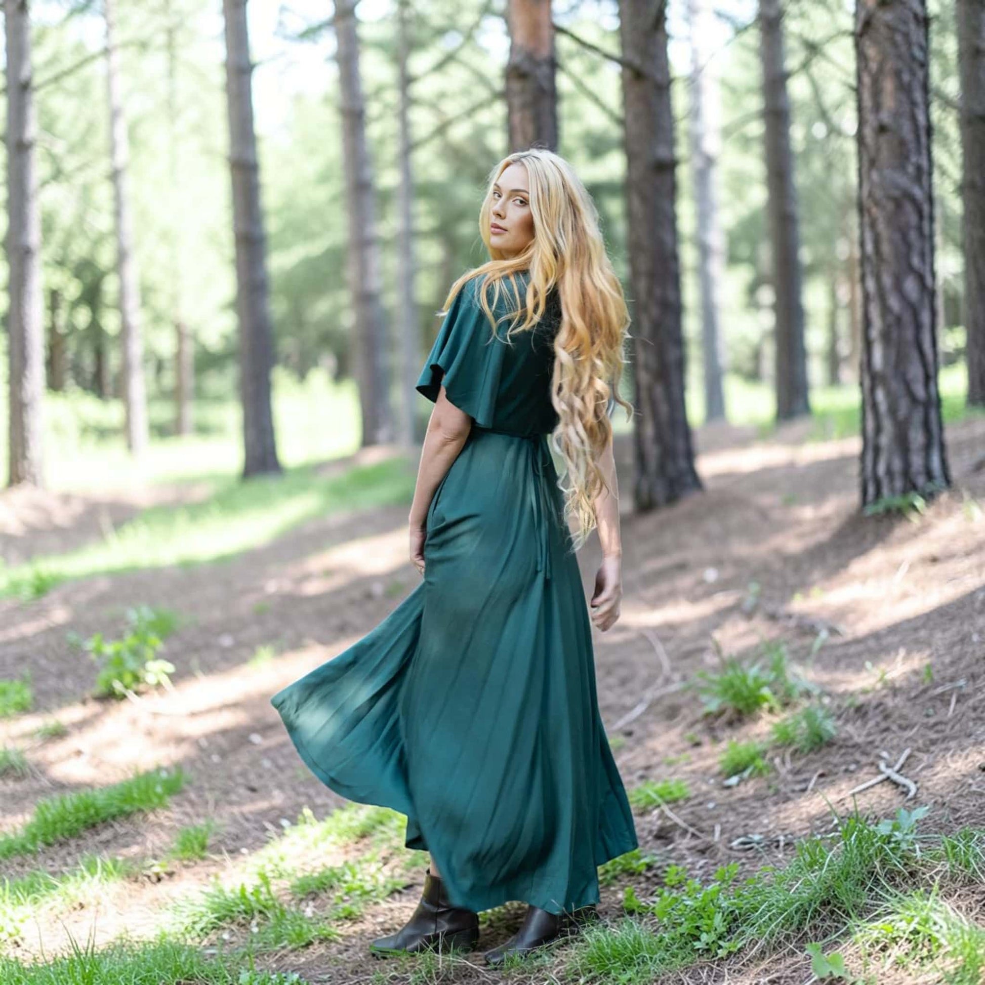 Flutter Sleeve Linen Maxi Dress, V Neck Tie Back