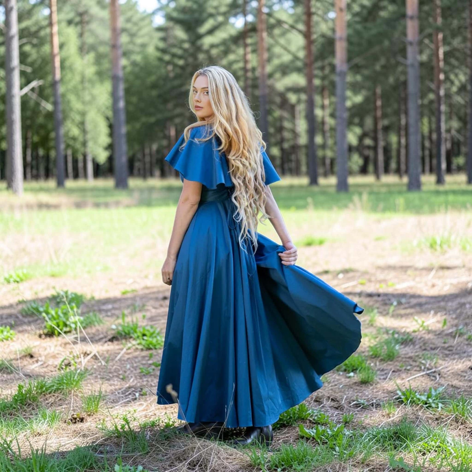Flutter Sleeve Linen Maxi Dress, V Neck Tie Back