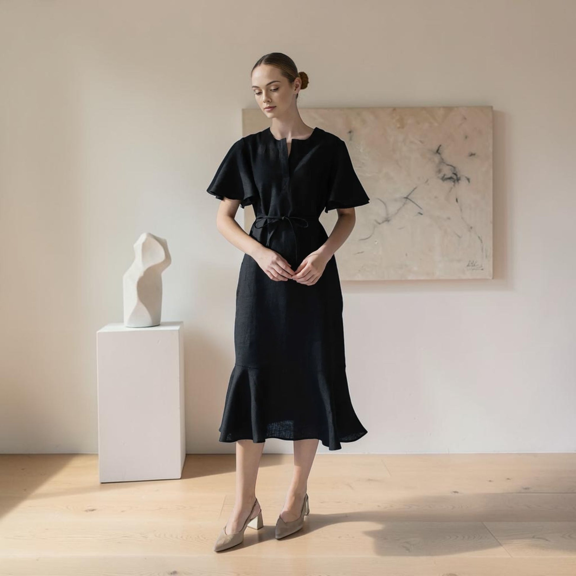 Flutter Sleeve Linen Midi Dress, Flounce Hem