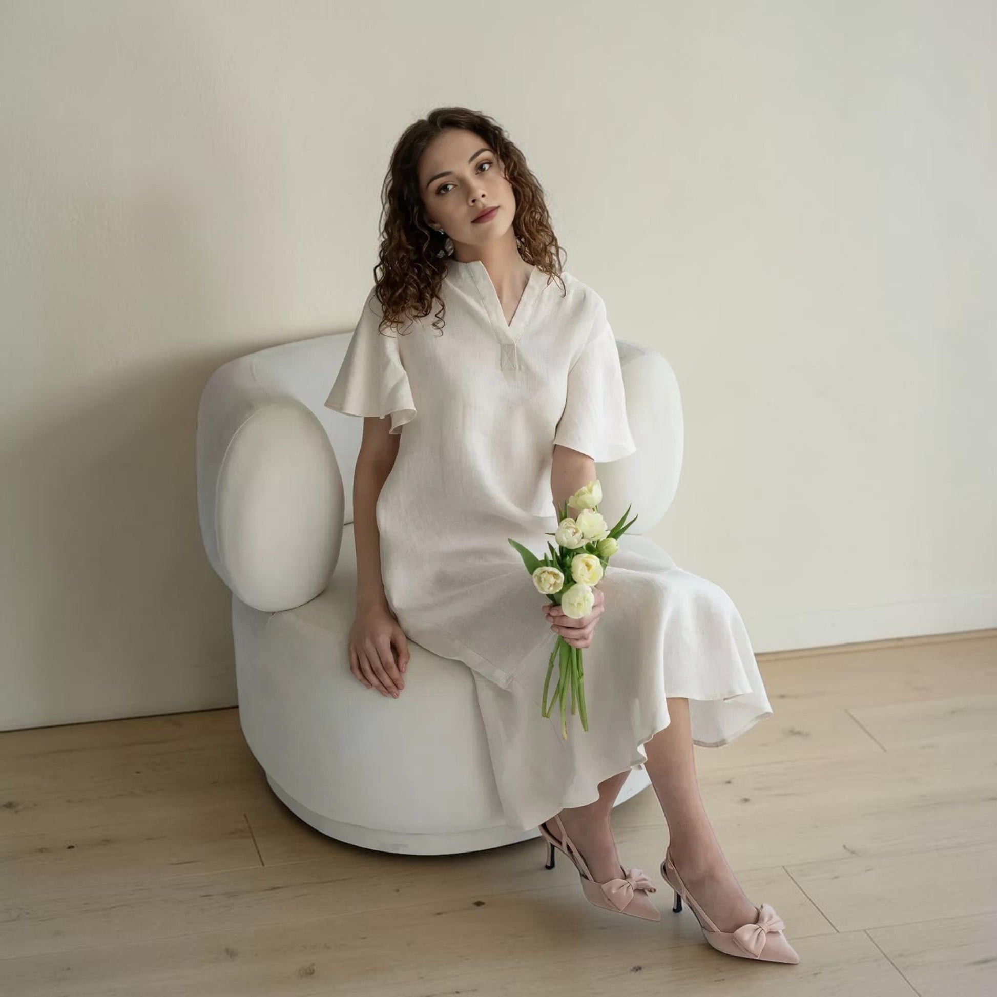 Flutter Sleeve Linen Midi Dress, Flounce Hem