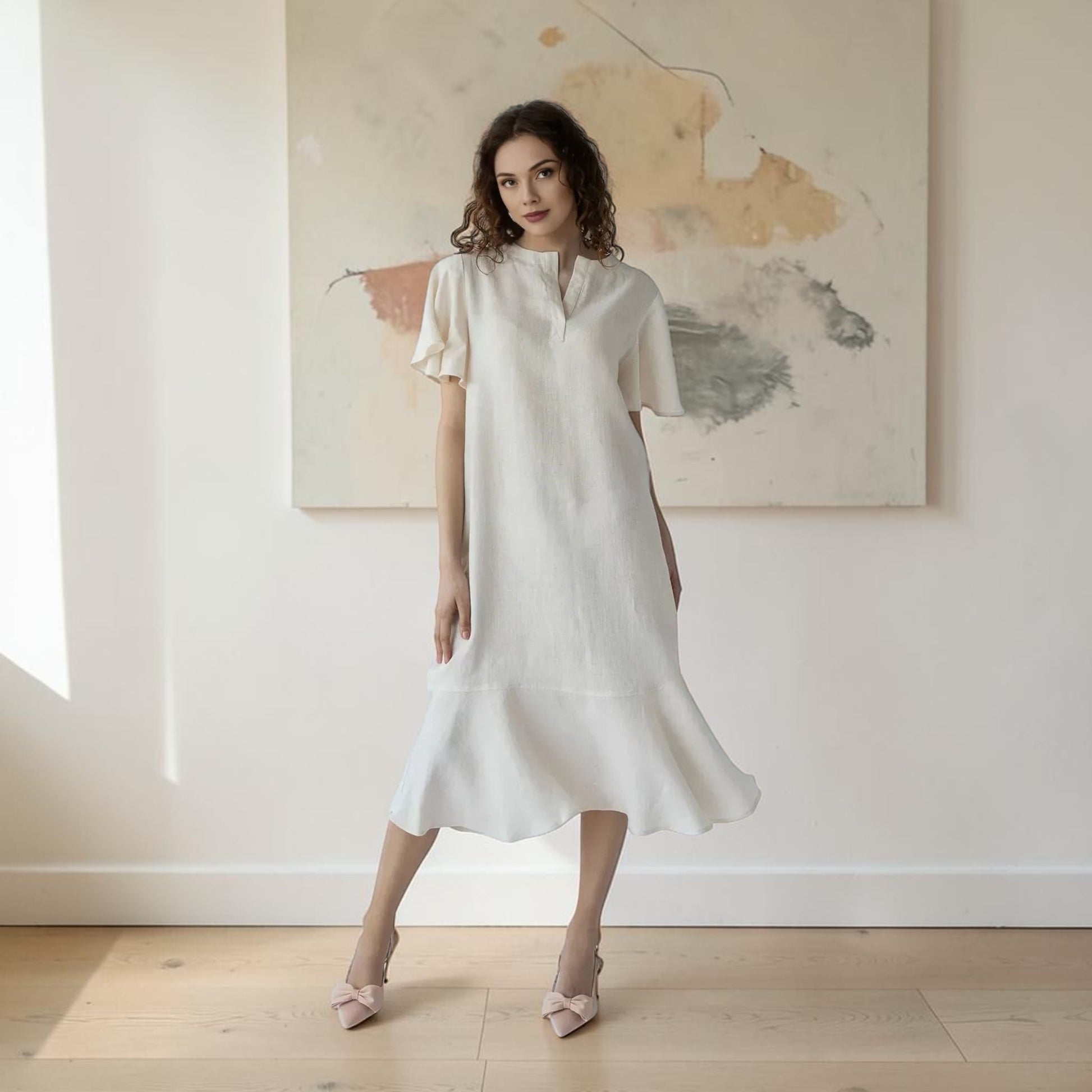Flutter Sleeve Linen Midi Dress, Flounce Hem