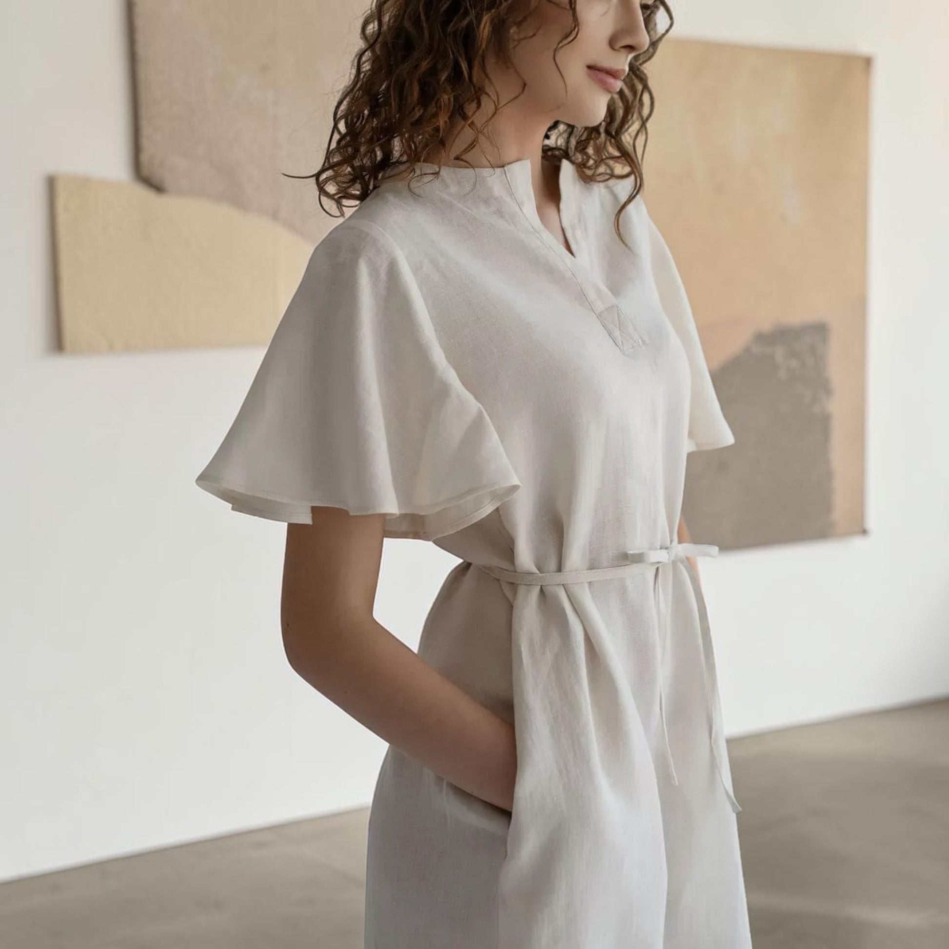 Flutter Sleeve Linen Midi Dress, Flounce Hem