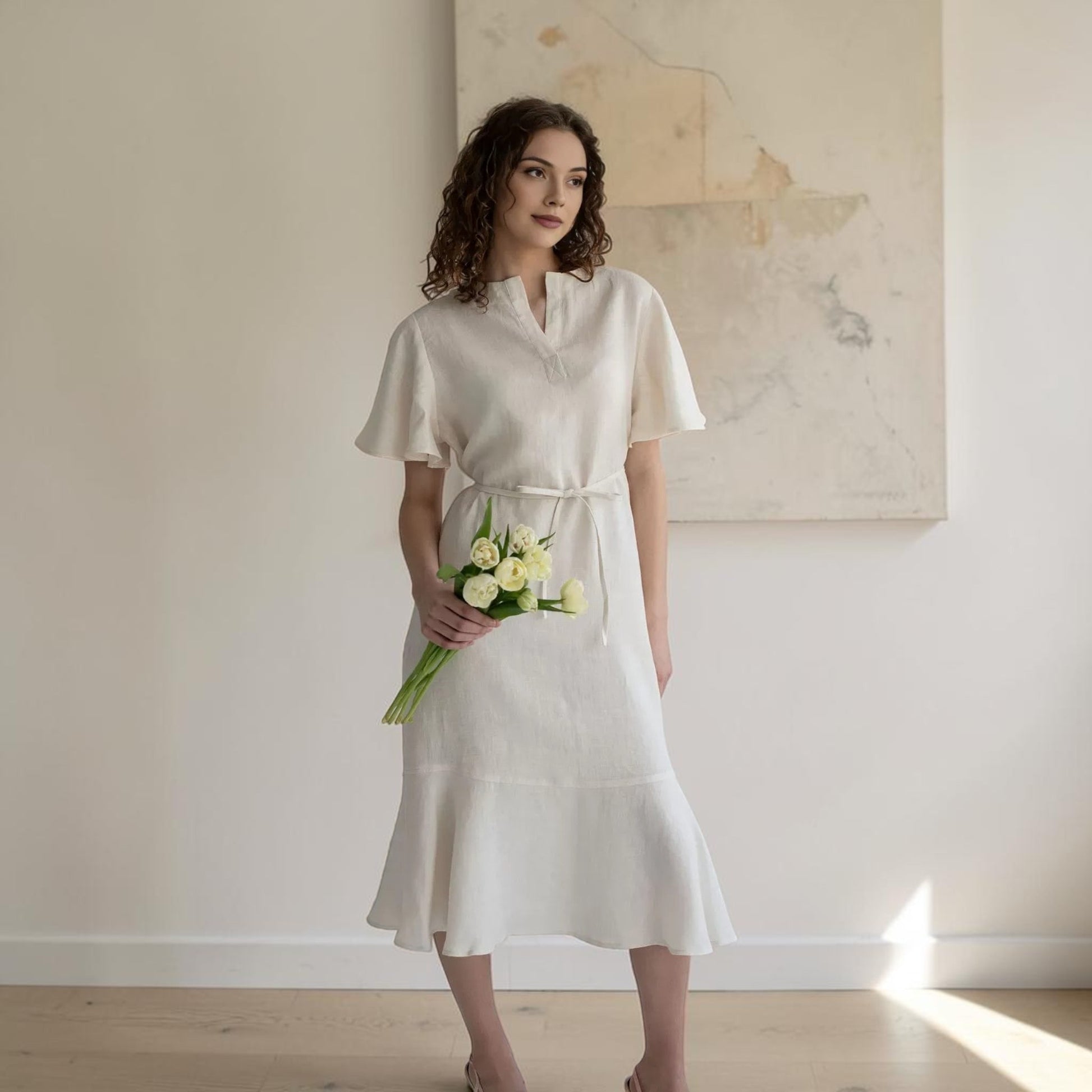 Flutter Sleeve Linen Midi Dress, Flounce Hem
