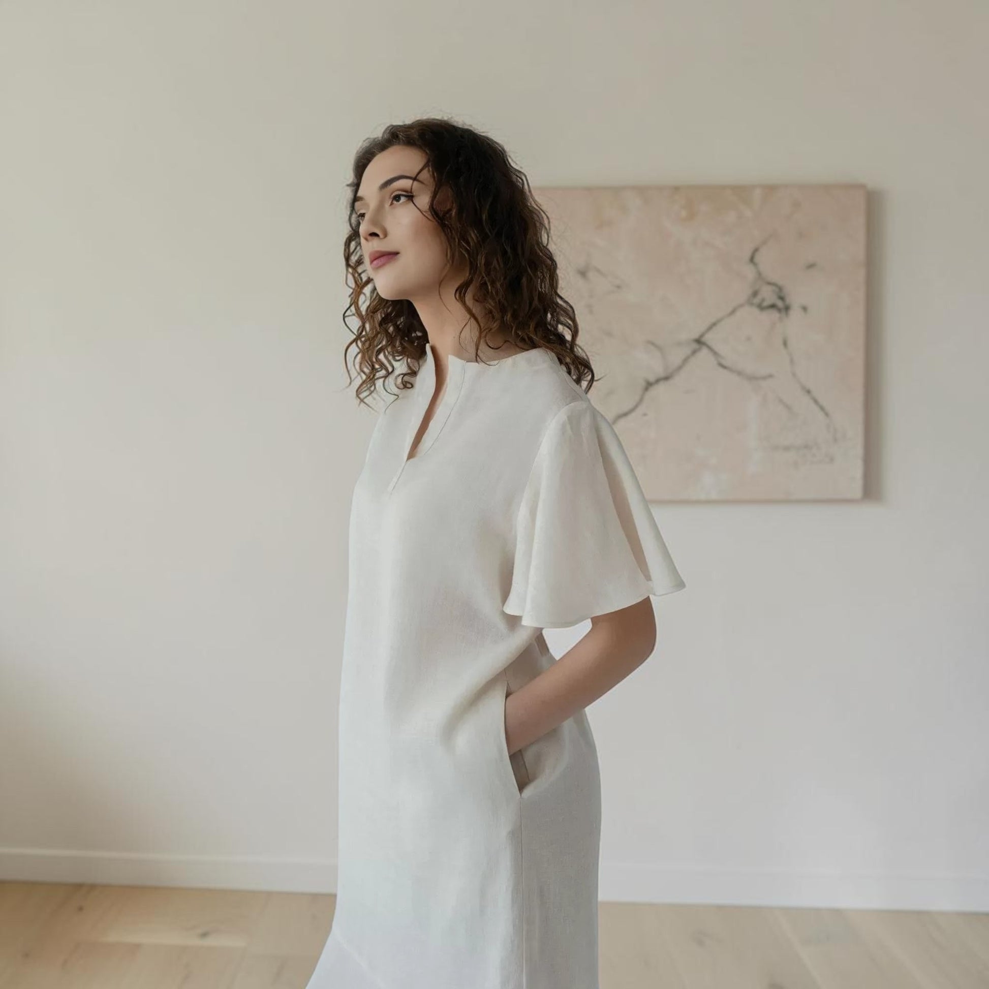 Flutter Sleeve Linen Midi Dress, Flounce Hem