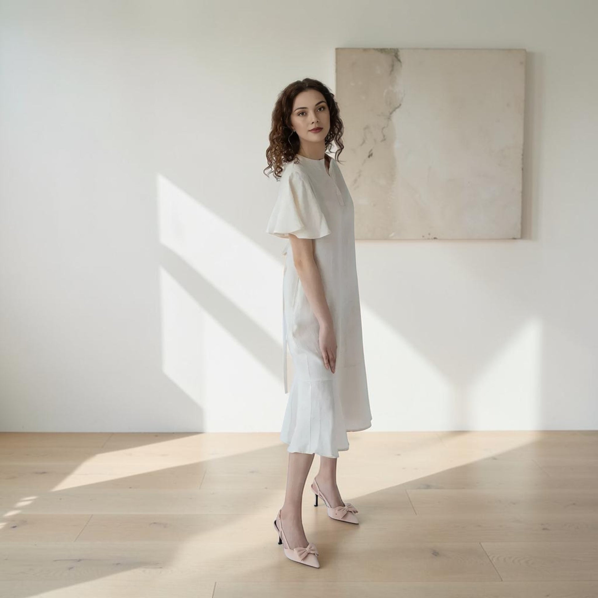 Flutter Sleeve Linen Midi Dress, Flounce Hem