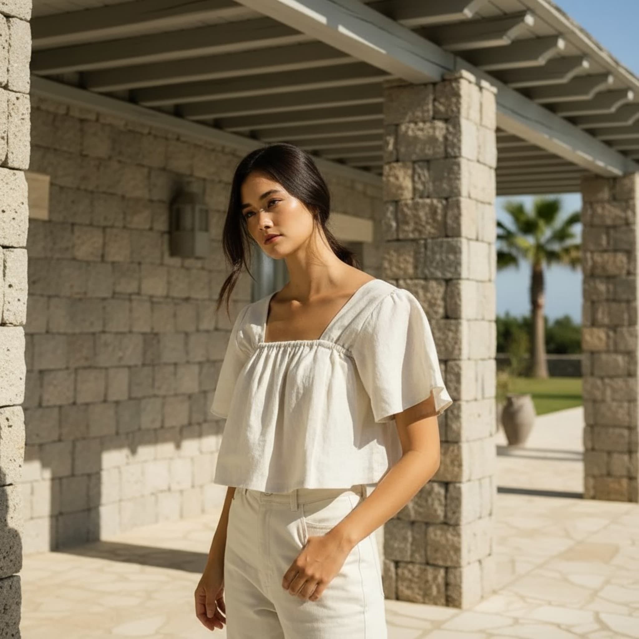 Flutter Sleeve Linen Top, Square Neck Linen Crop Top