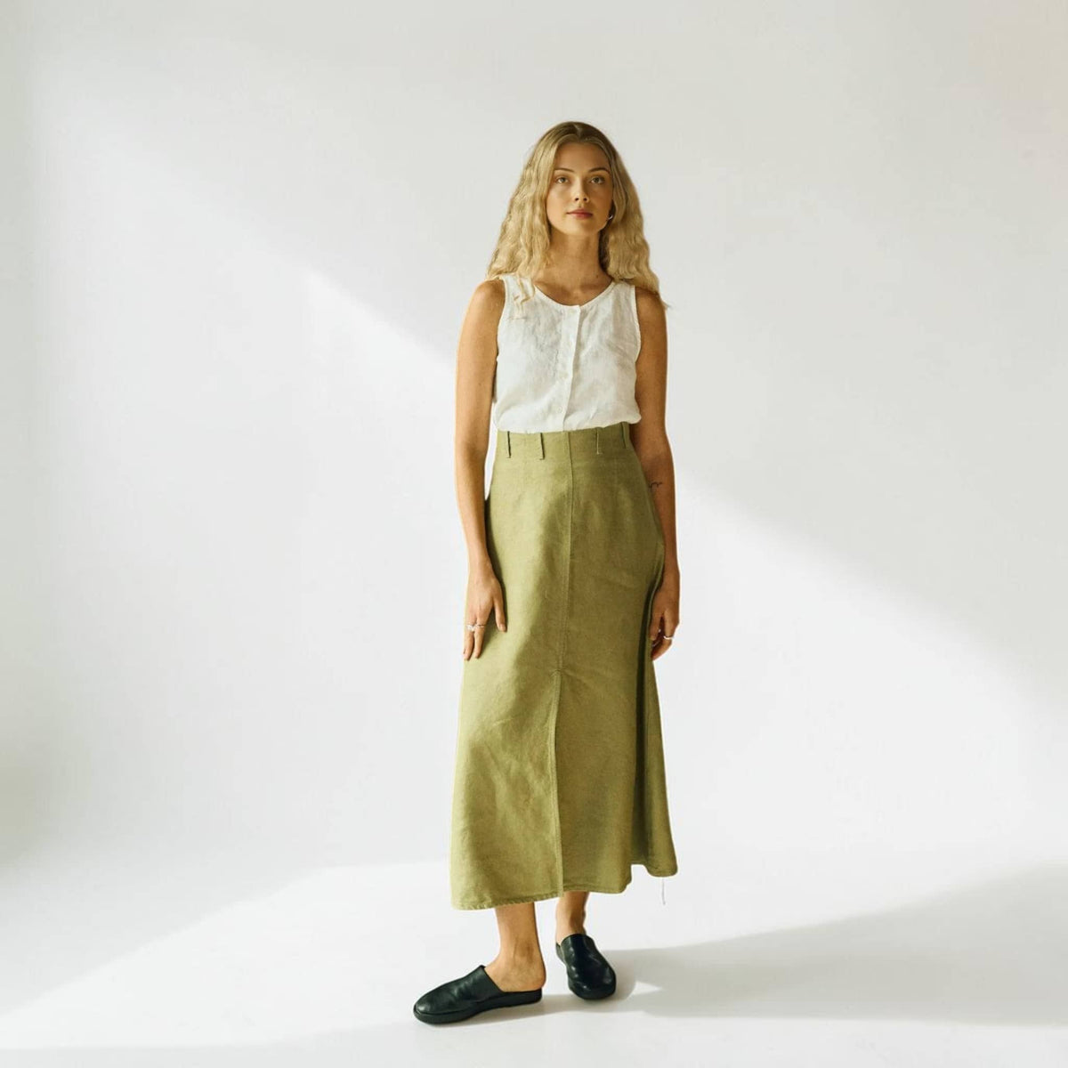 Front Slit Linen Midi Skirt, A-Line High-Waisted