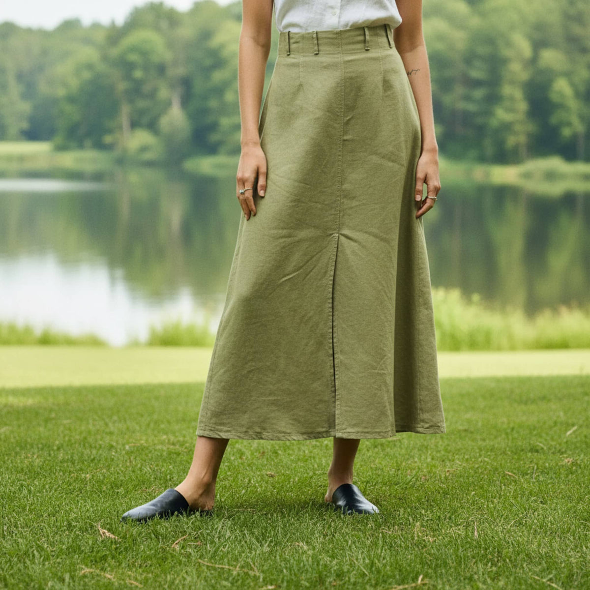 Front Slit Linen Midi Skirt, A-Line High-Waisted
