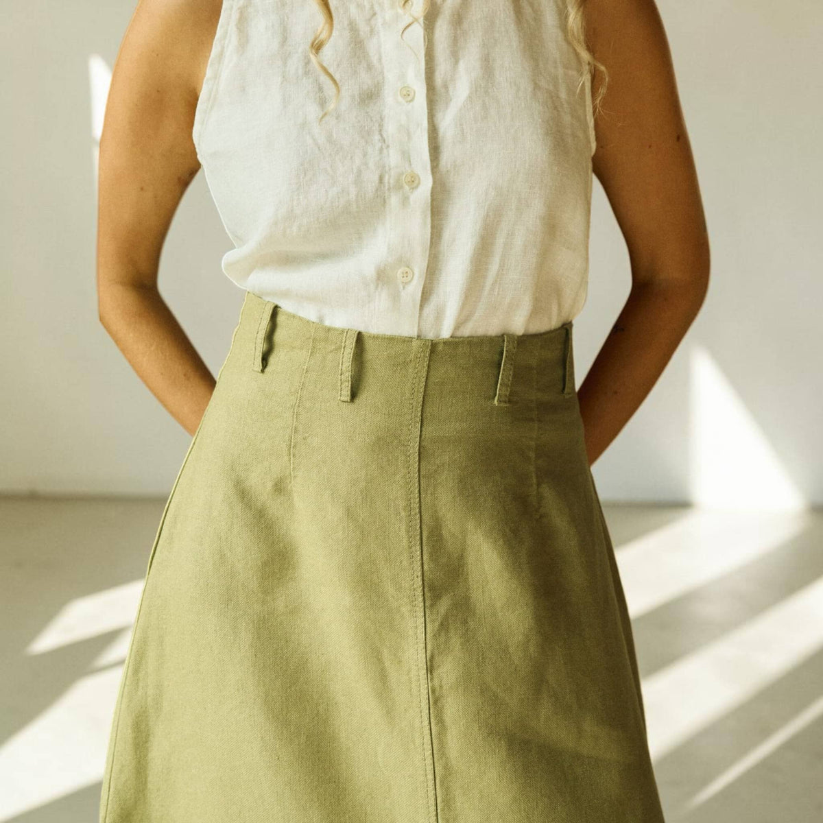 Front Slit Linen Midi Skirt, A-Line High-Waisted