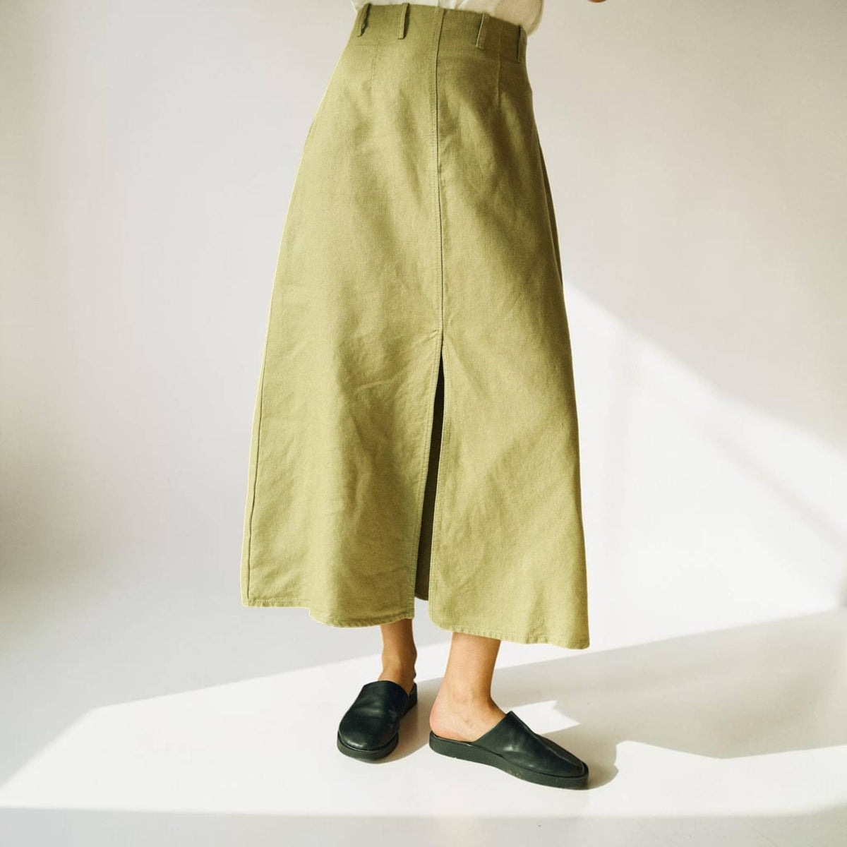 Front Slit Linen Midi Skirt, A-Line High-Waisted