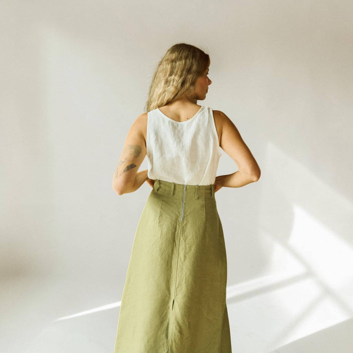 Front Slit Linen Midi Skirt, A-Line High-Waisted