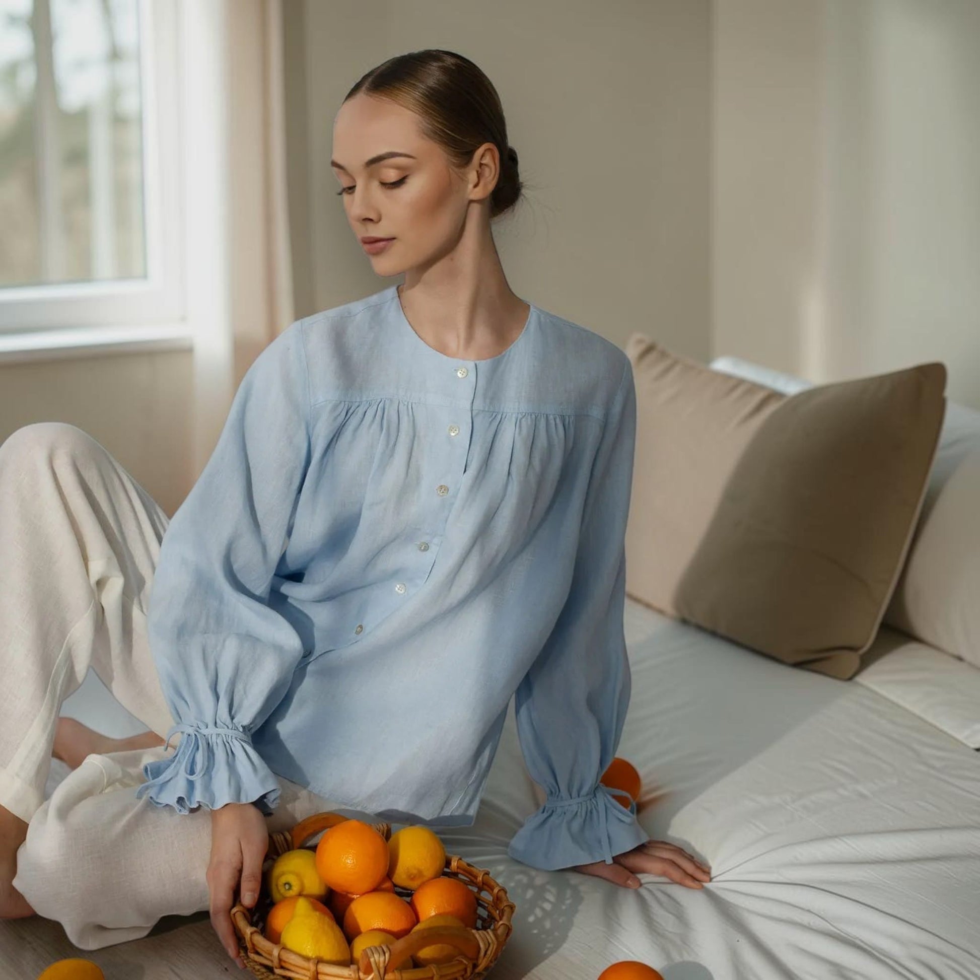 Gathered Front Linen Blouse, Balloon Sleeve Ruffle Cuff