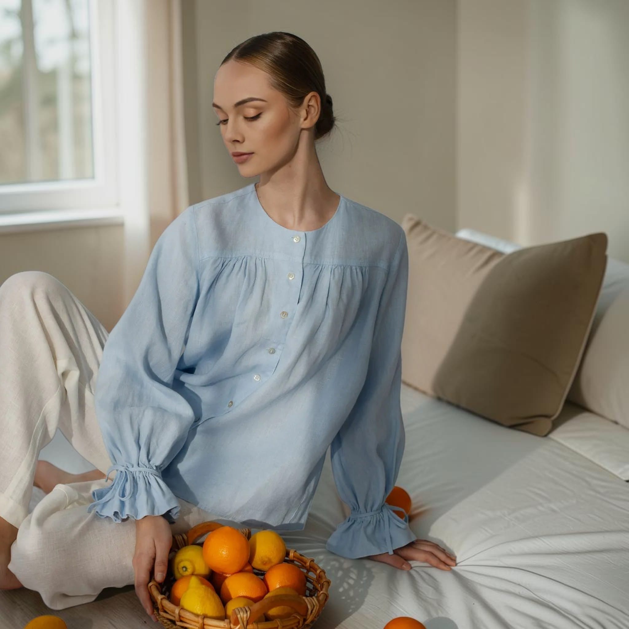 Gathered Front Linen Blouse, Balloon Sleeve Ruffle Cuff