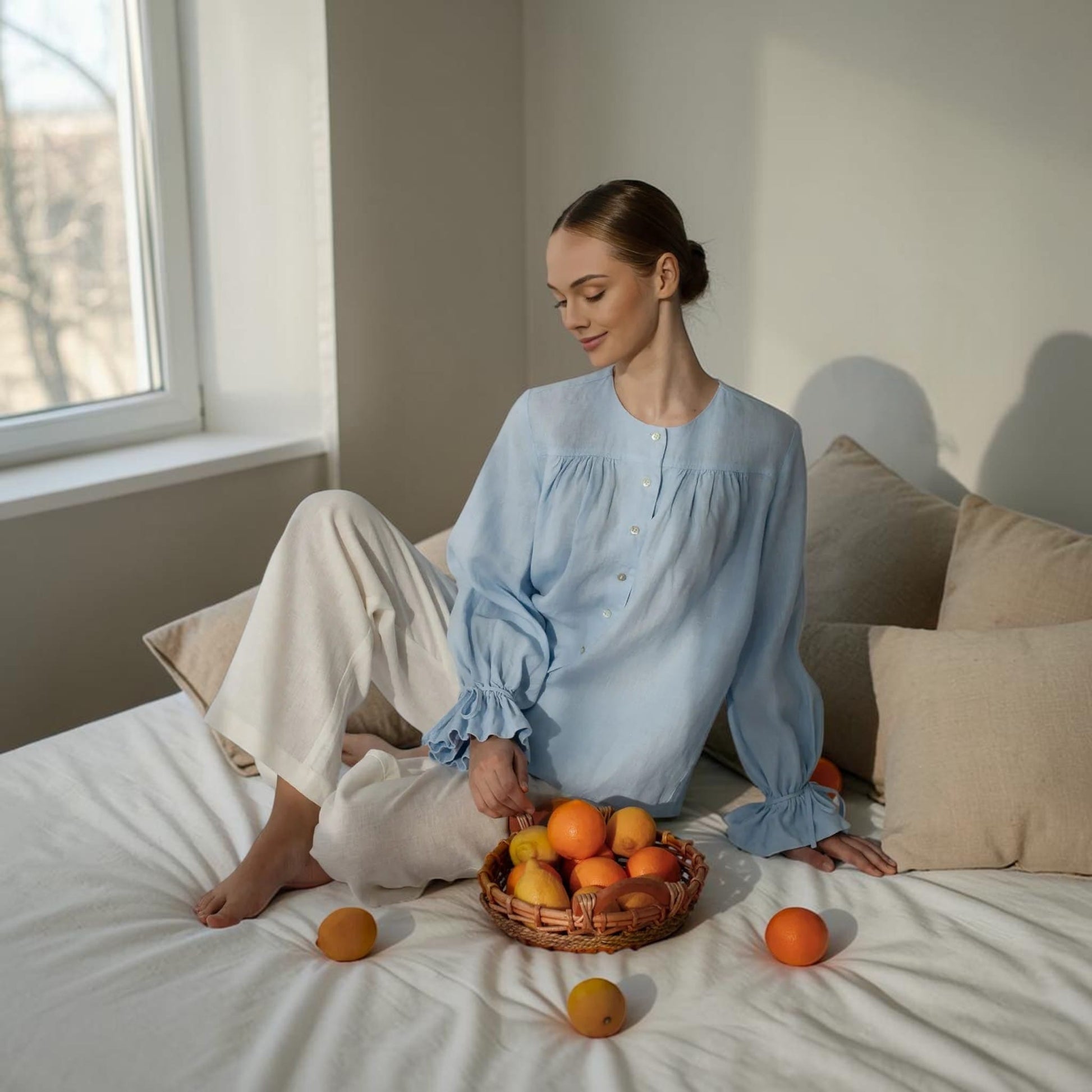 Gathered Front Linen Blouse, Balloon Sleeve Ruffle Cuff