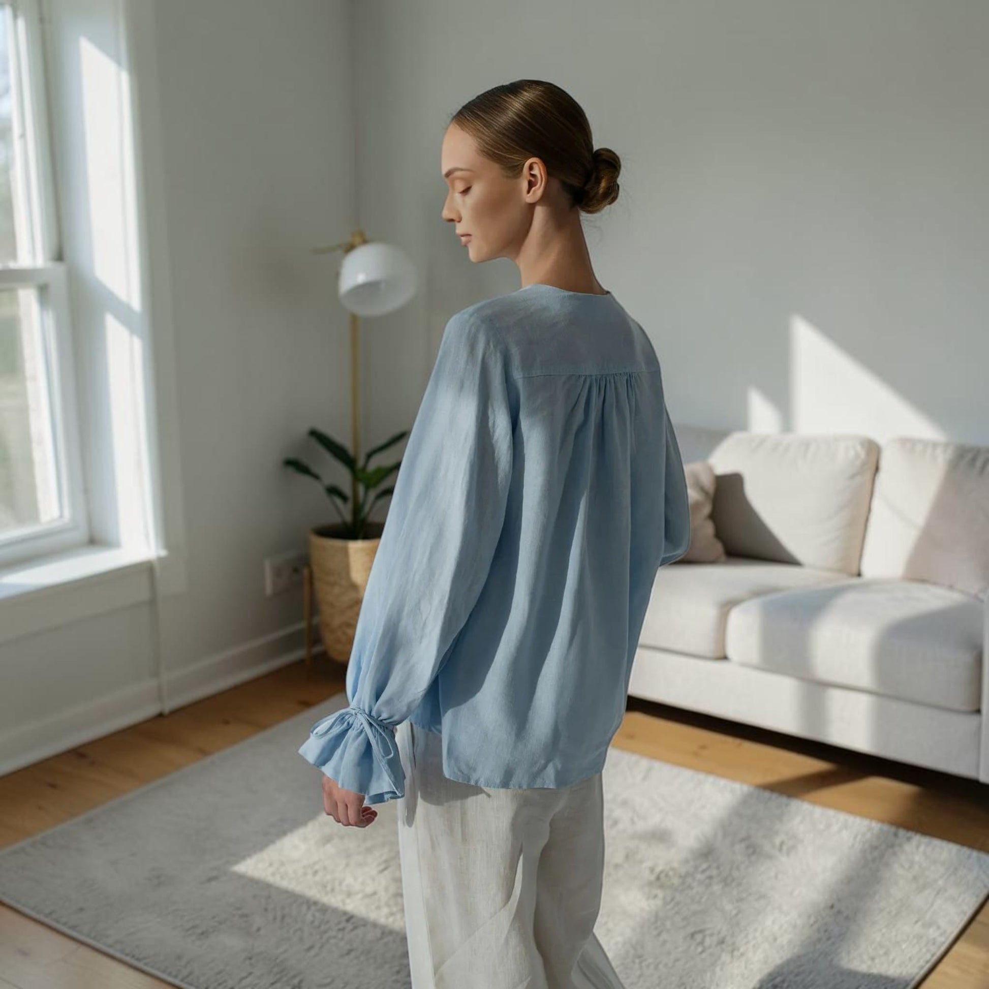 Gathered Front Linen Blouse, Balloon Sleeve Ruffle Cuff