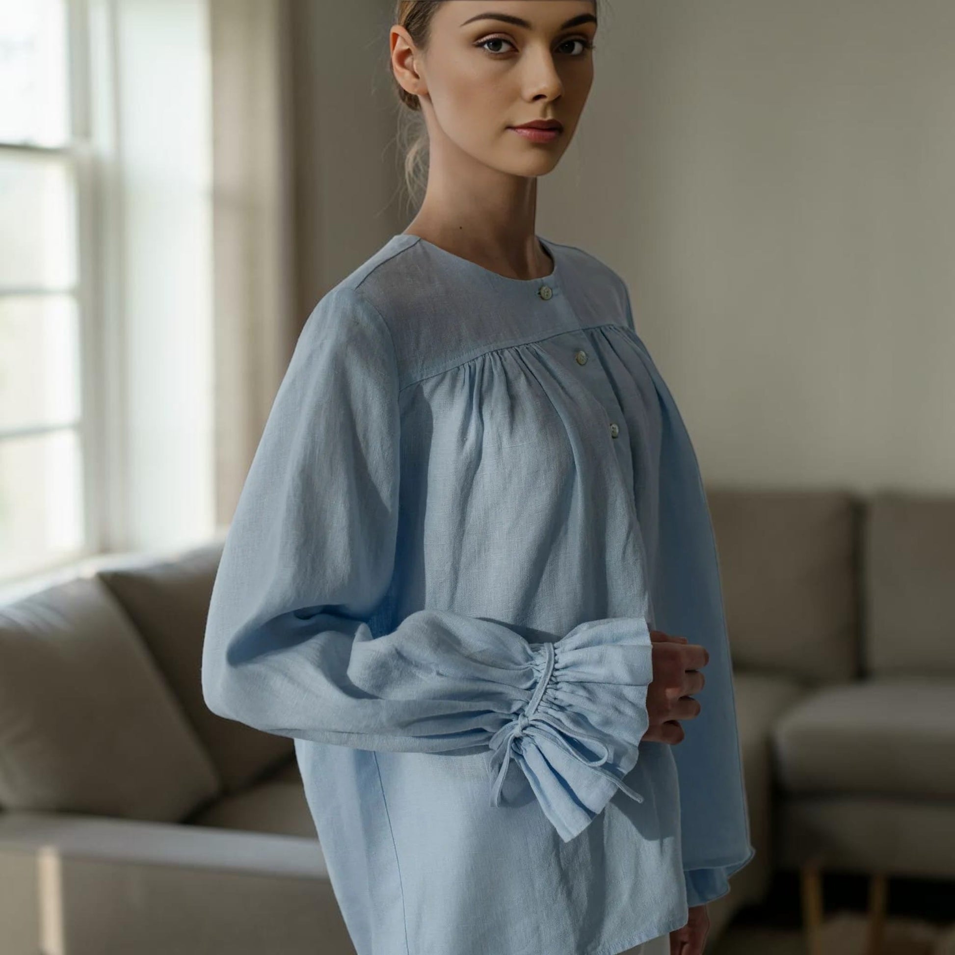 Gathered Front Linen Blouse, Balloon Sleeve Ruffle Cuff