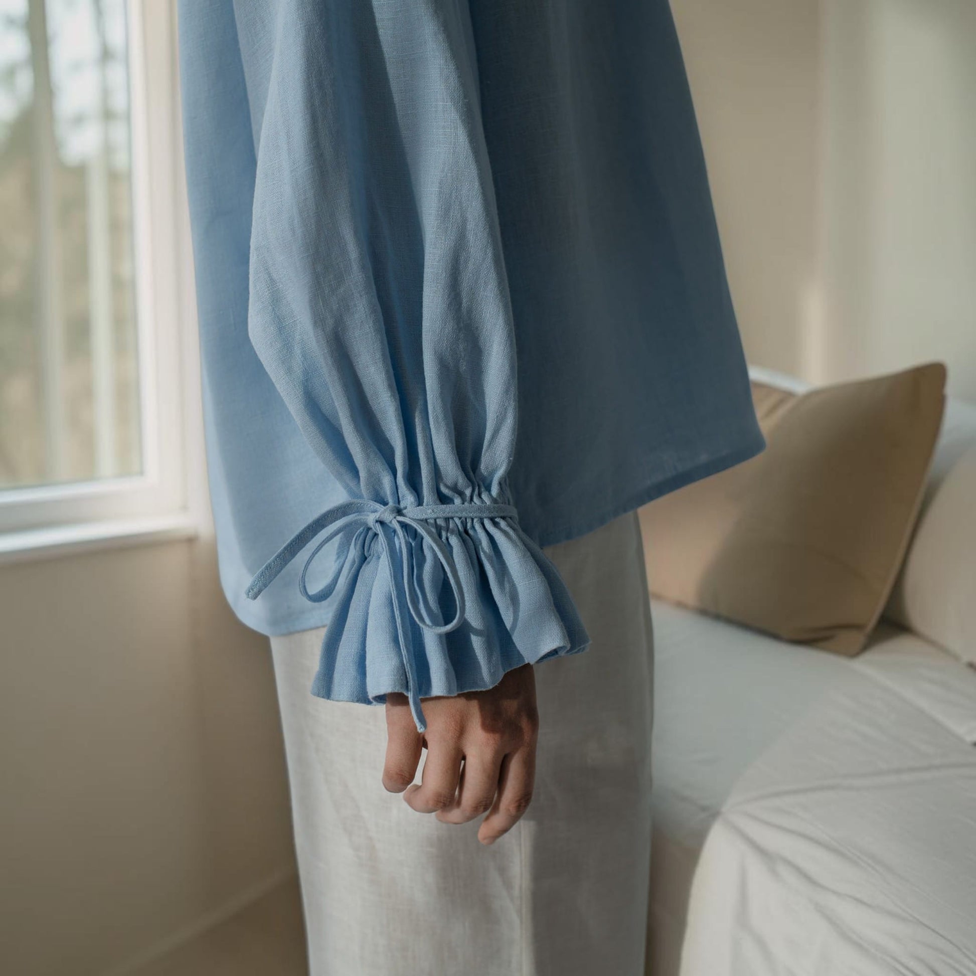 Gathered Front Linen Blouse, Balloon Sleeve Ruffle Cuff