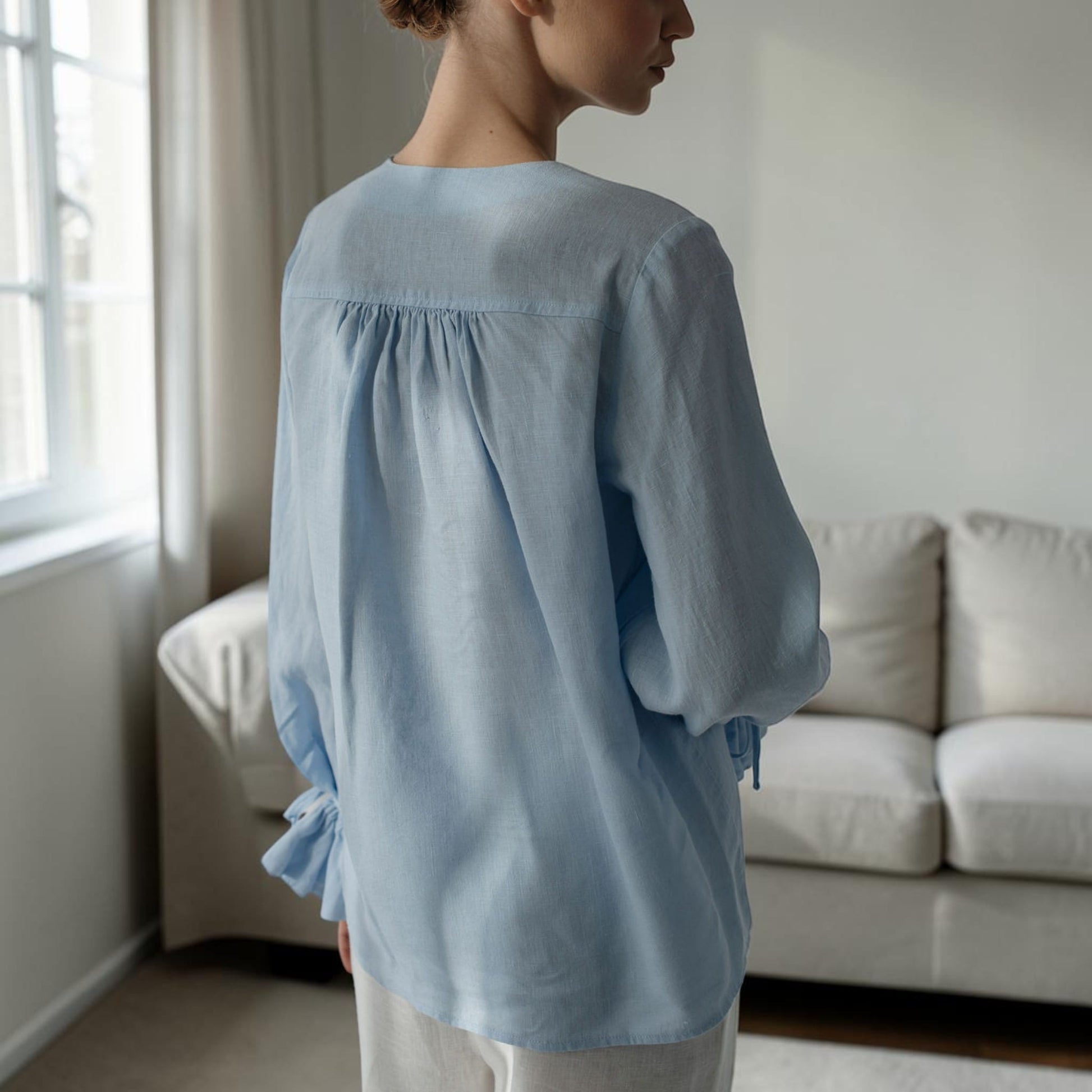 Gathered Front Linen Blouse, Balloon Sleeve Ruffle Cuff