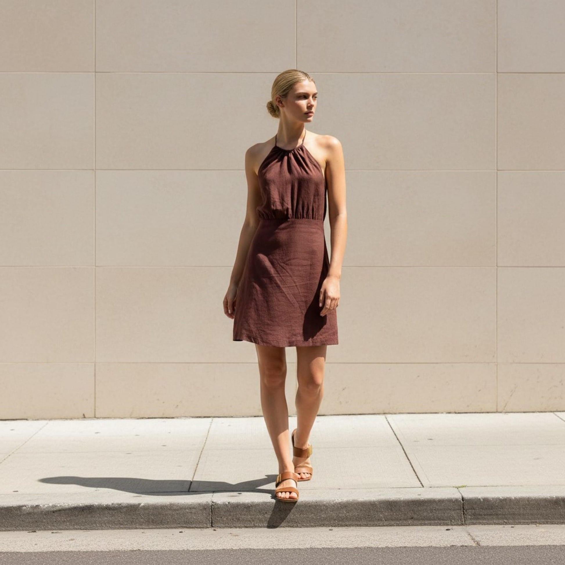Gathered Halter Linen Mini Dress, Tie-Back Open Back