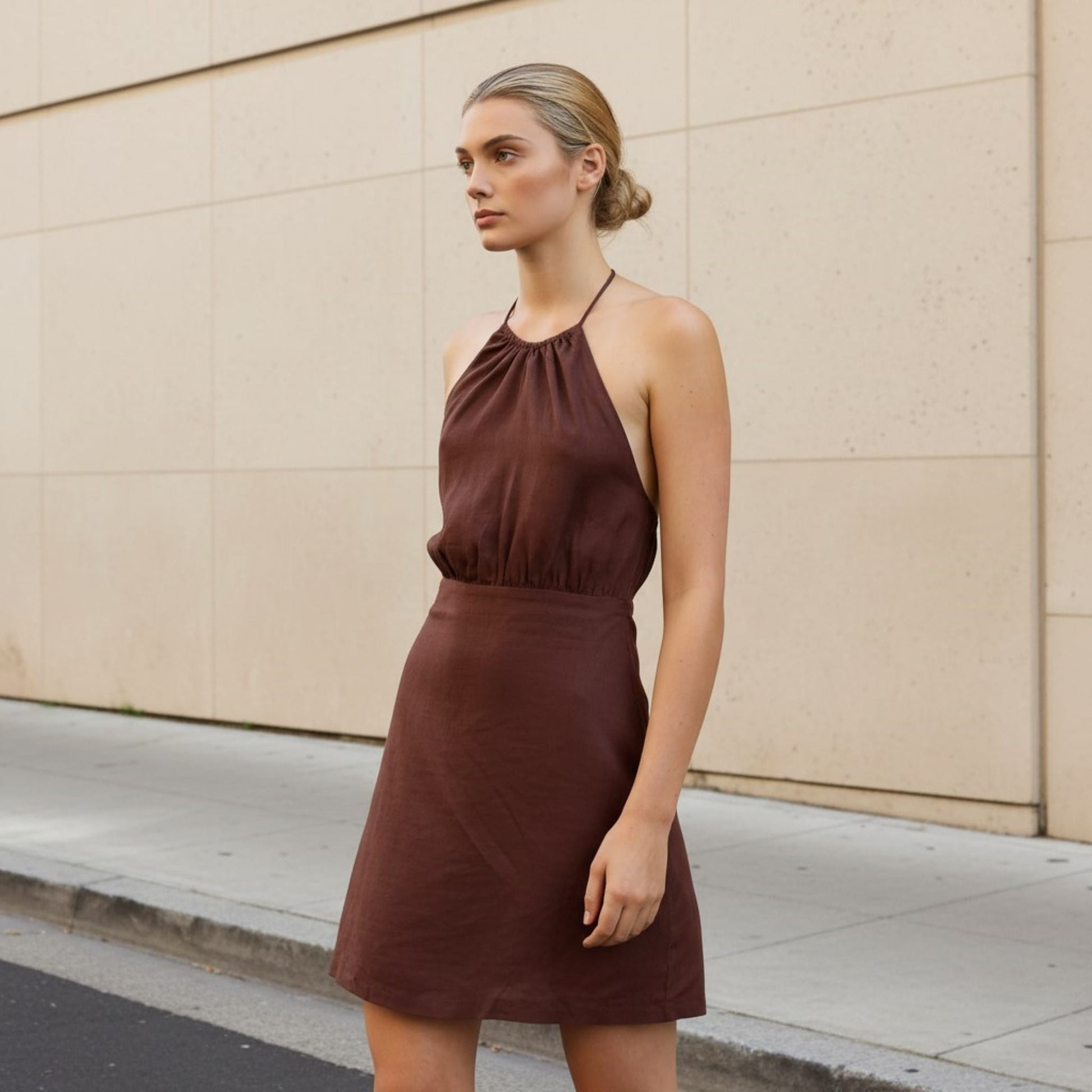 Gathered Halter Linen Mini Dress: Stylish and Breathable