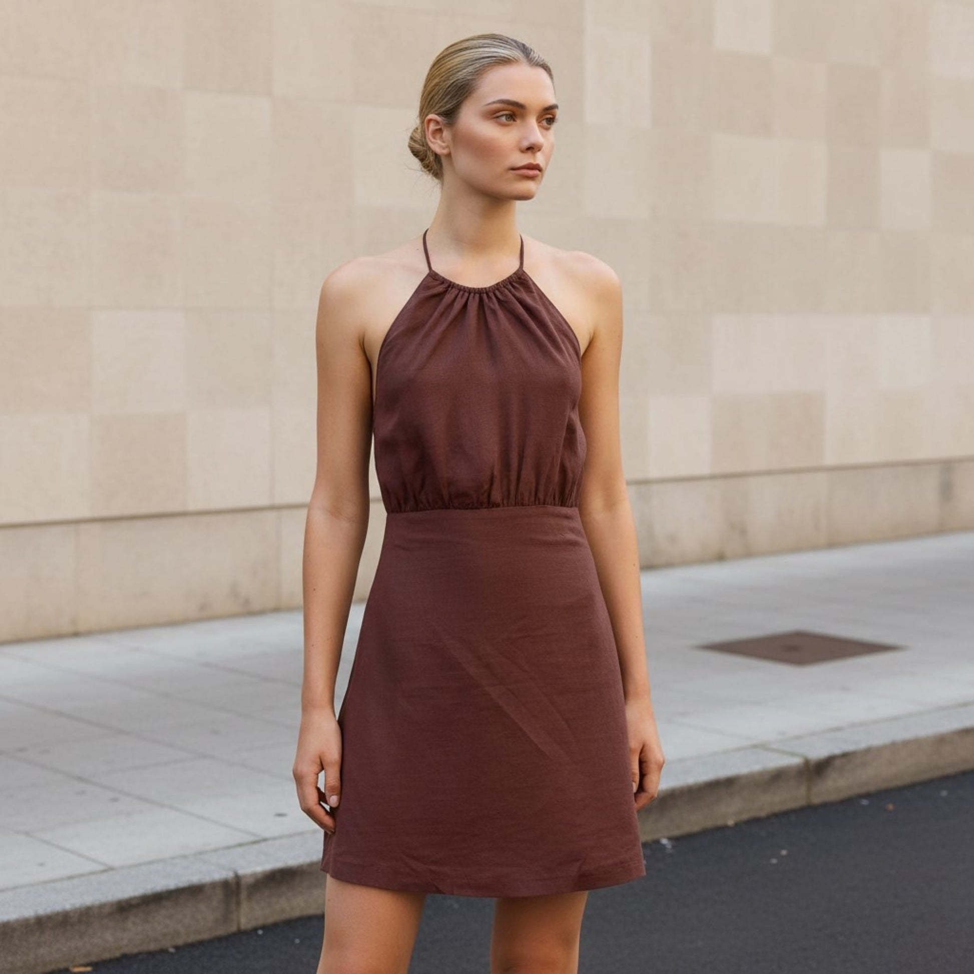 Gathered Halter Linen Mini Dress, Tie-Back Open Back