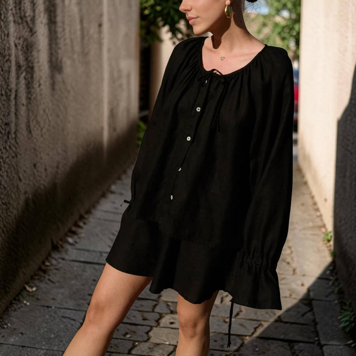 Gathered Neck Linen Blouse, Tie Neck Ruffle Cuff