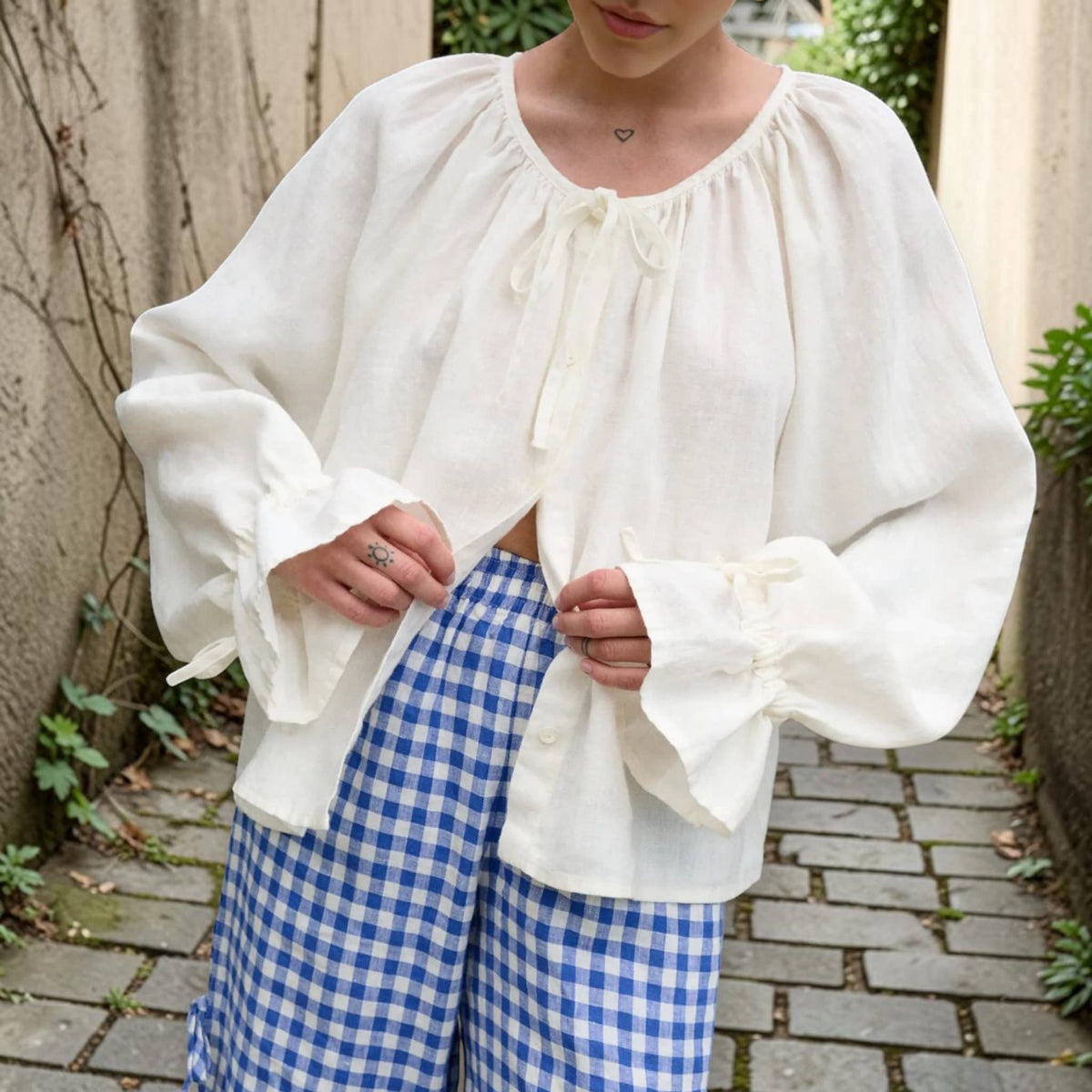 Gathered Neck Linen Blouse, Tie Neck Ruffle Cuff