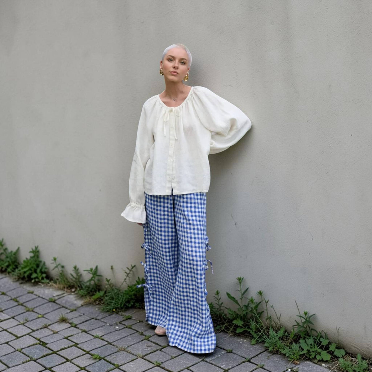 Gathered Neck Linen Blouse, Tie Neck Ruffle Cuff