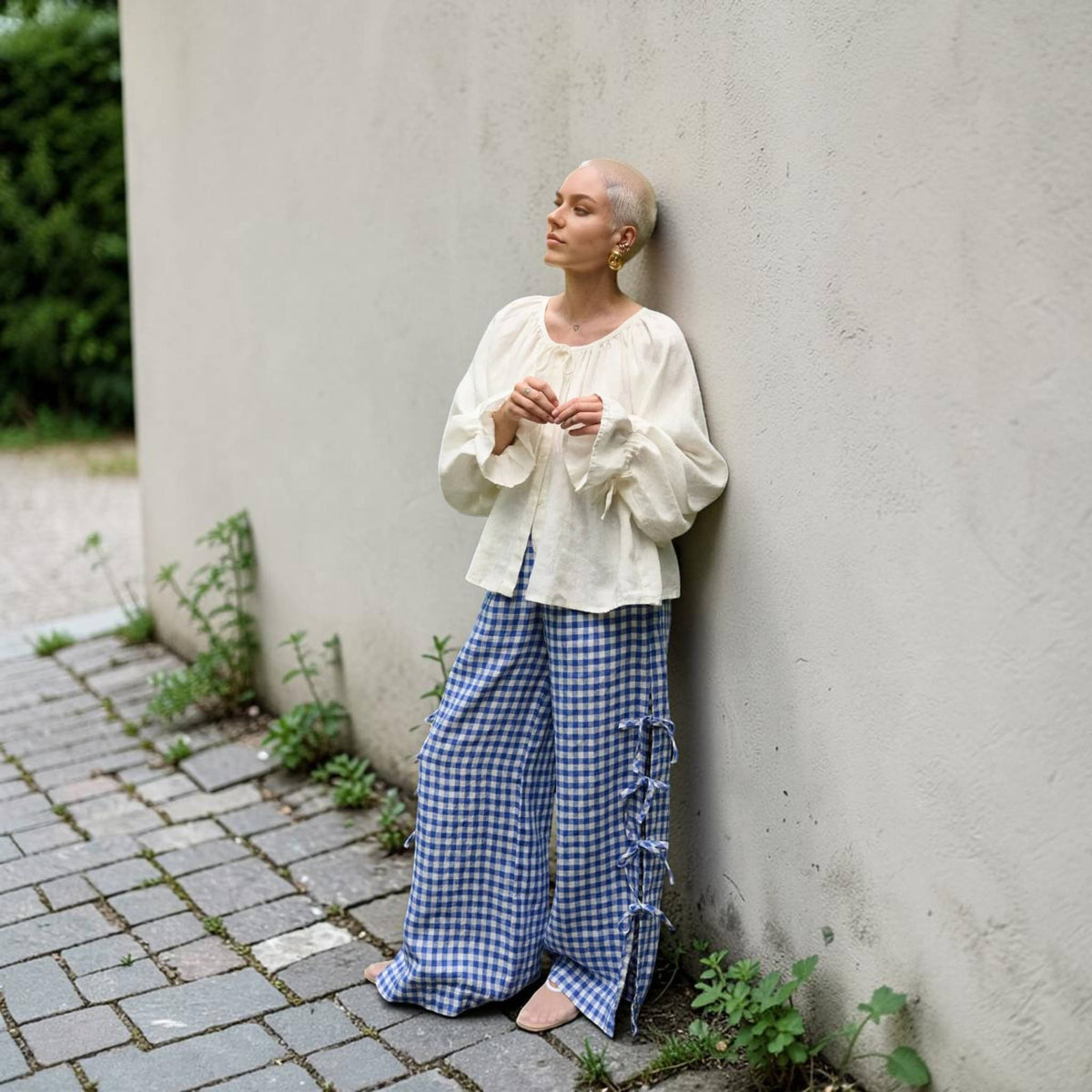 Gathered Neck Linen Blouse, Tie Neck Ruffle Cuff