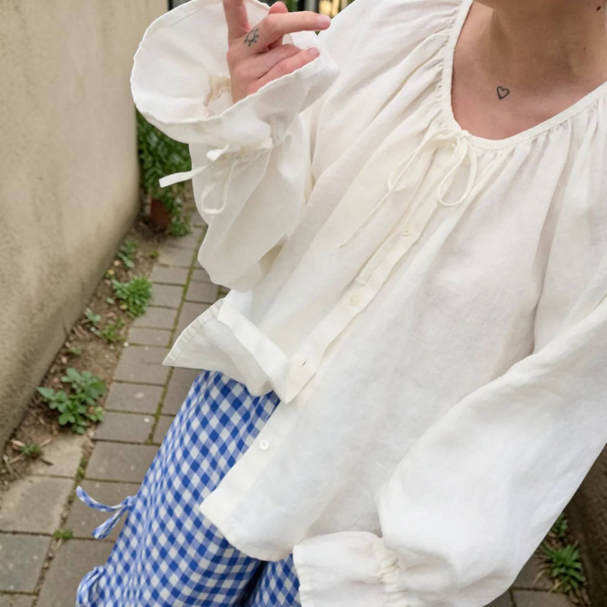 Gathered Neck Linen Blouse, Tie Neck Ruffle Cuff