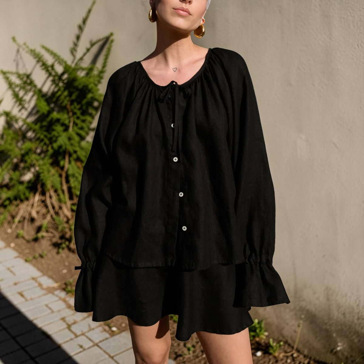 Gathered Neck Linen Blouse, Tie Neck Ruffle Cuff