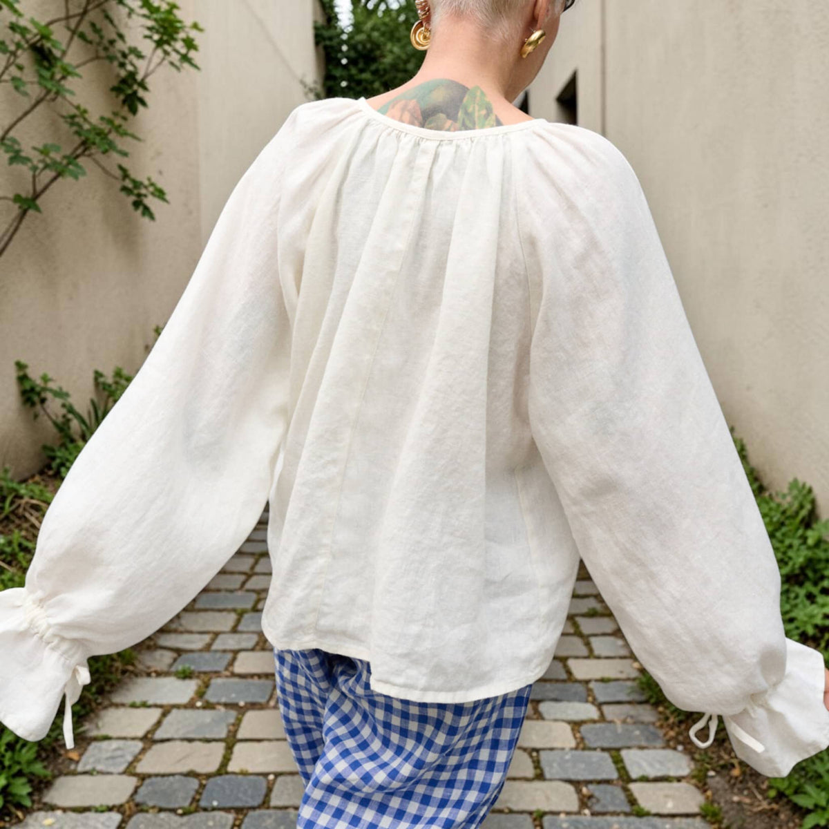 Gathered Neck Linen Blouse, Tie Neck Ruffle Cuff