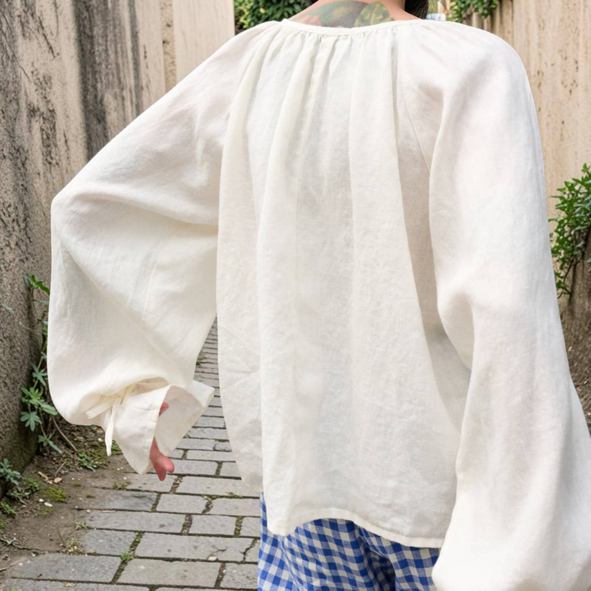 Gathered Neck Linen Blouse, Tie Neck Ruffle Cuff