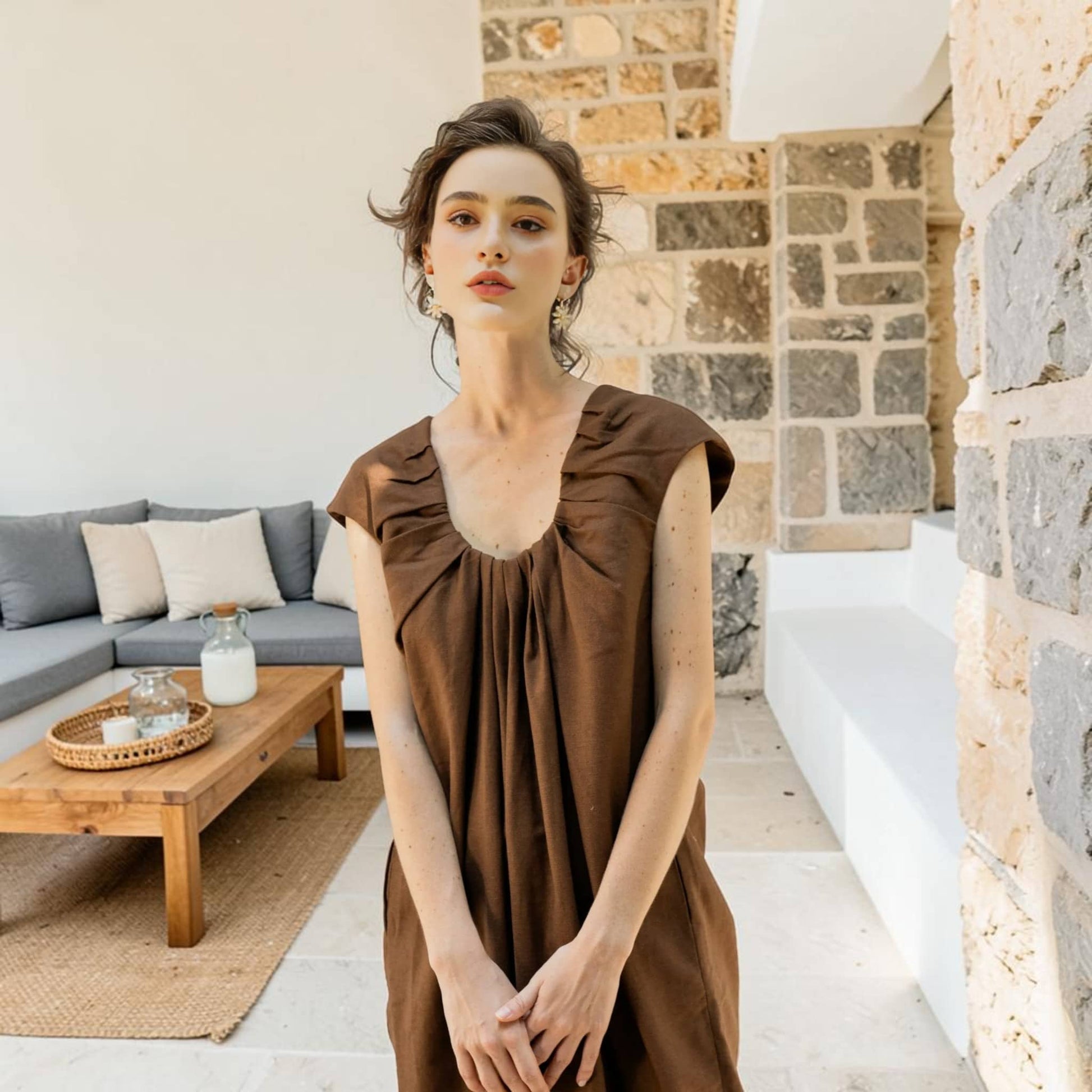 Gathered Neck Linen Midi Dress, Sleeveless Tie Back
