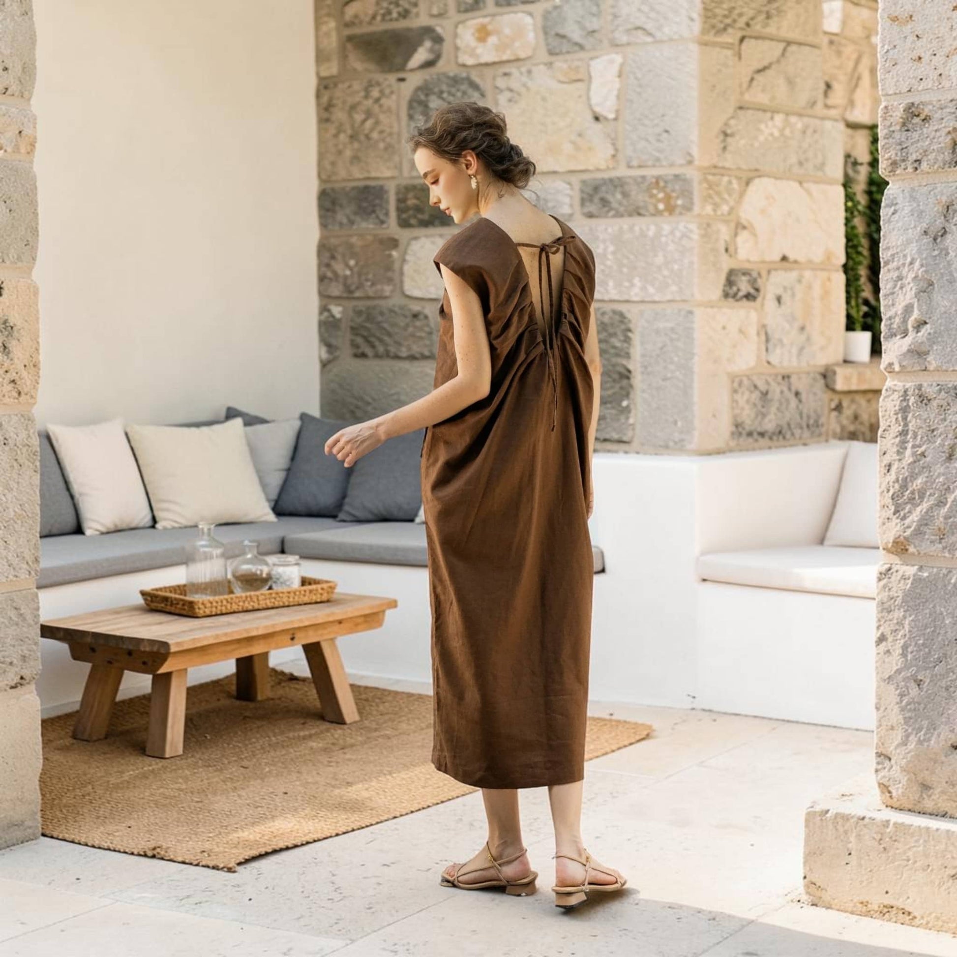 Gathered Neck Linen Midi Dress, Sleeveless Tie Back