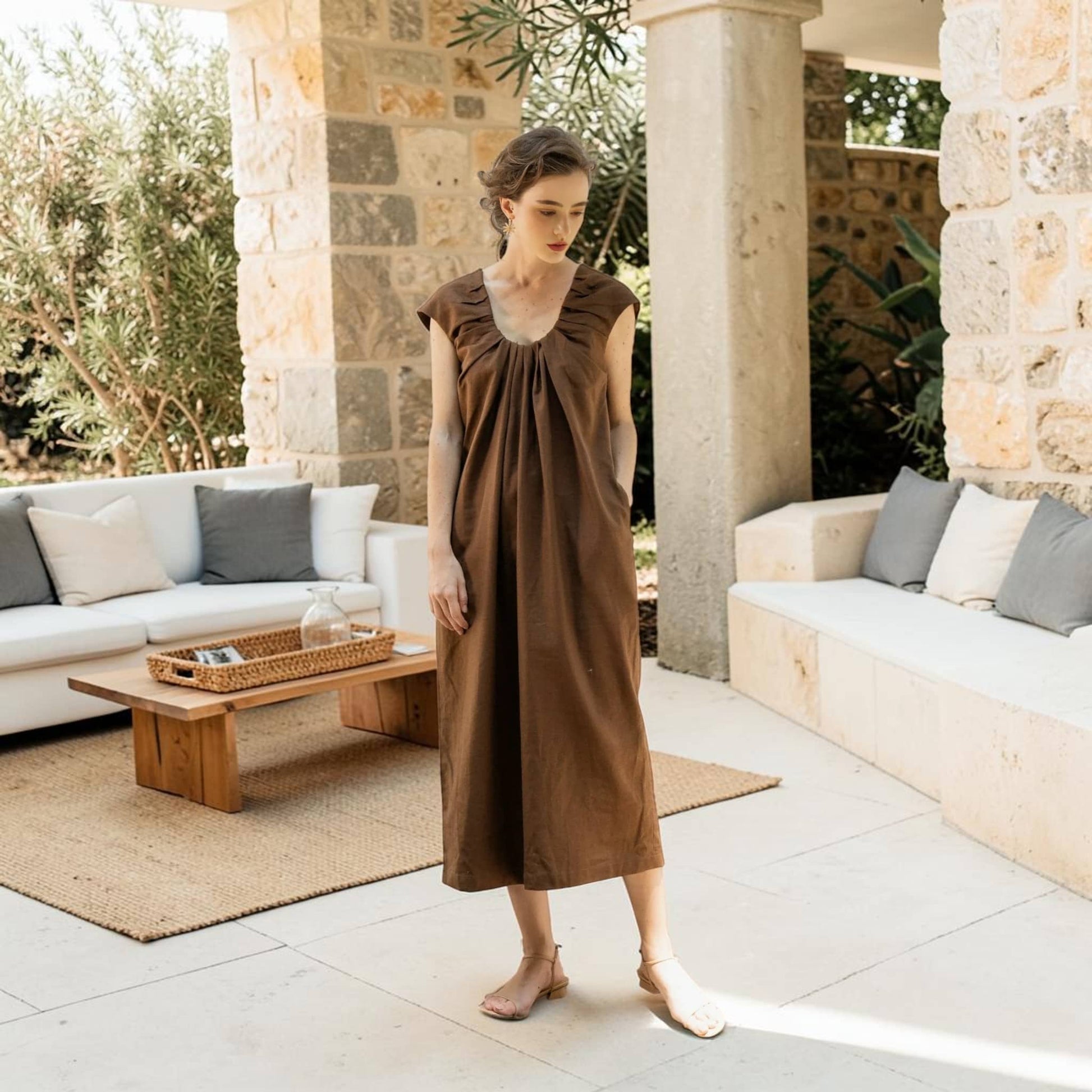 Gathered Neck Linen Midi Dress, Sleeveless Tie Back