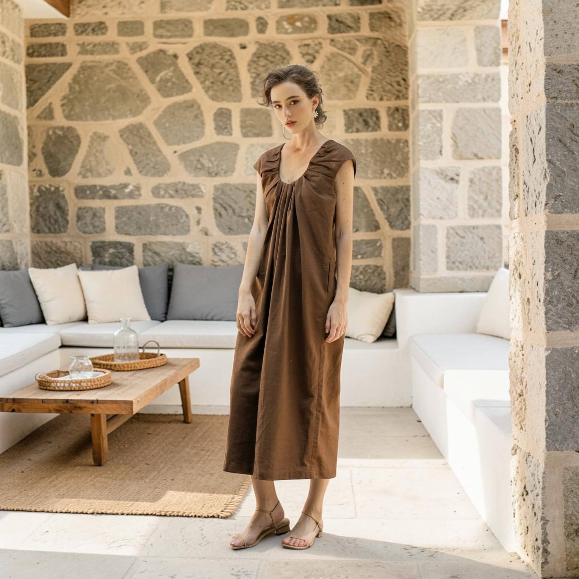 Gathered Neck Linen Midi Dress, Sleeveless Tie Back