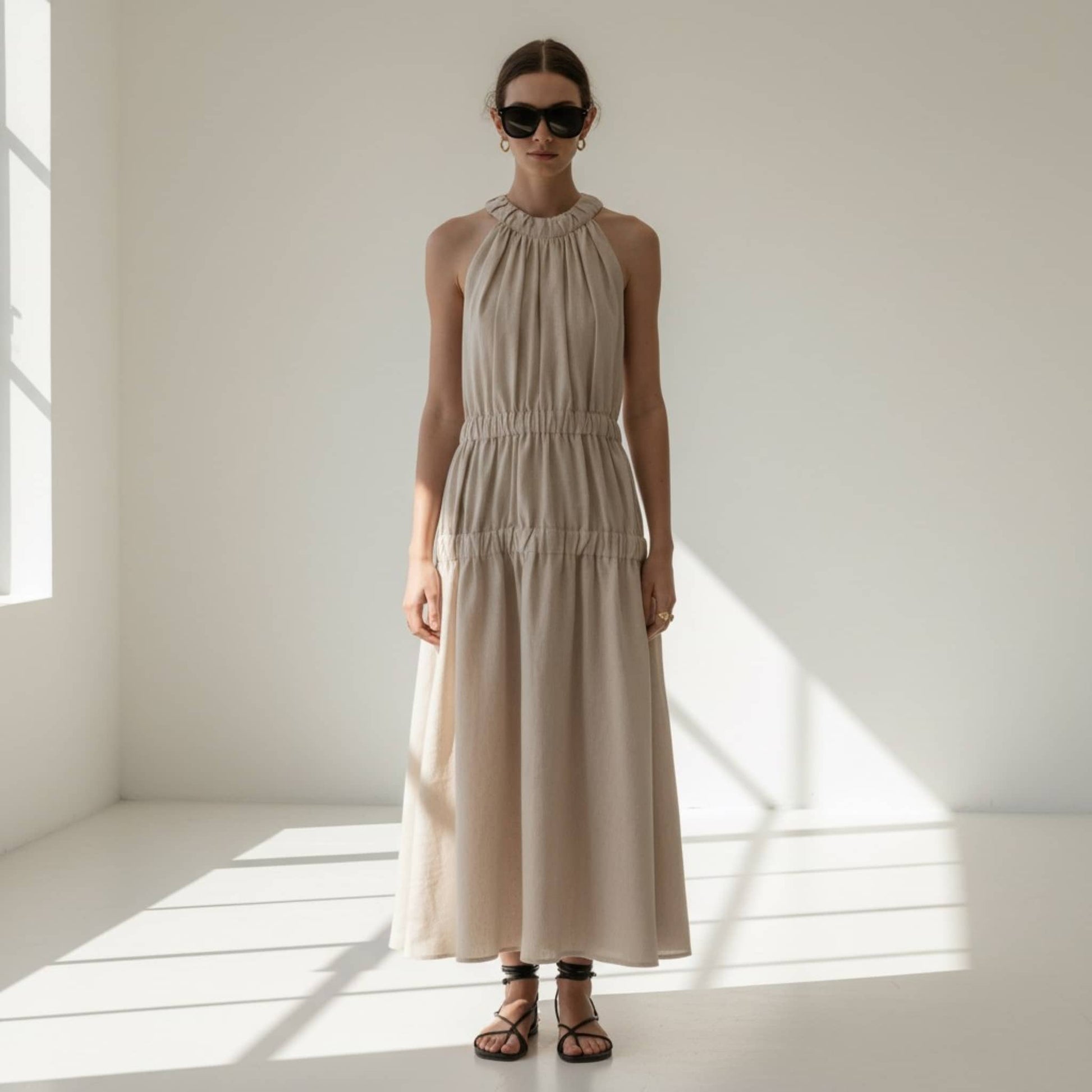 Halter Linen Maxi Dress, Elastic Waist Summer Linen Dress